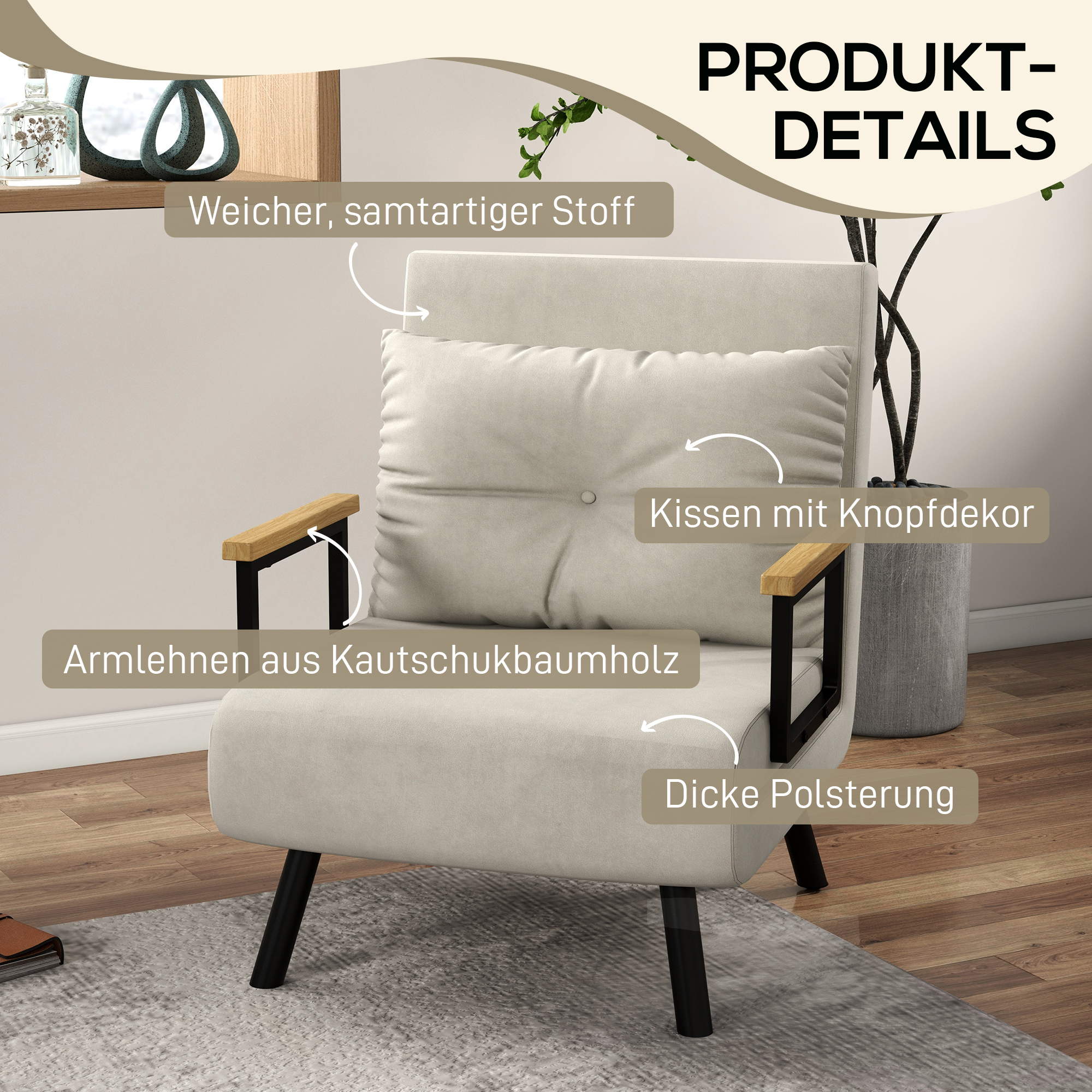 Relaxsessel im Skandidesign, Liegesessel, Lesesessel. ink. Kissen mit Knopfhefung, Cremeweiß