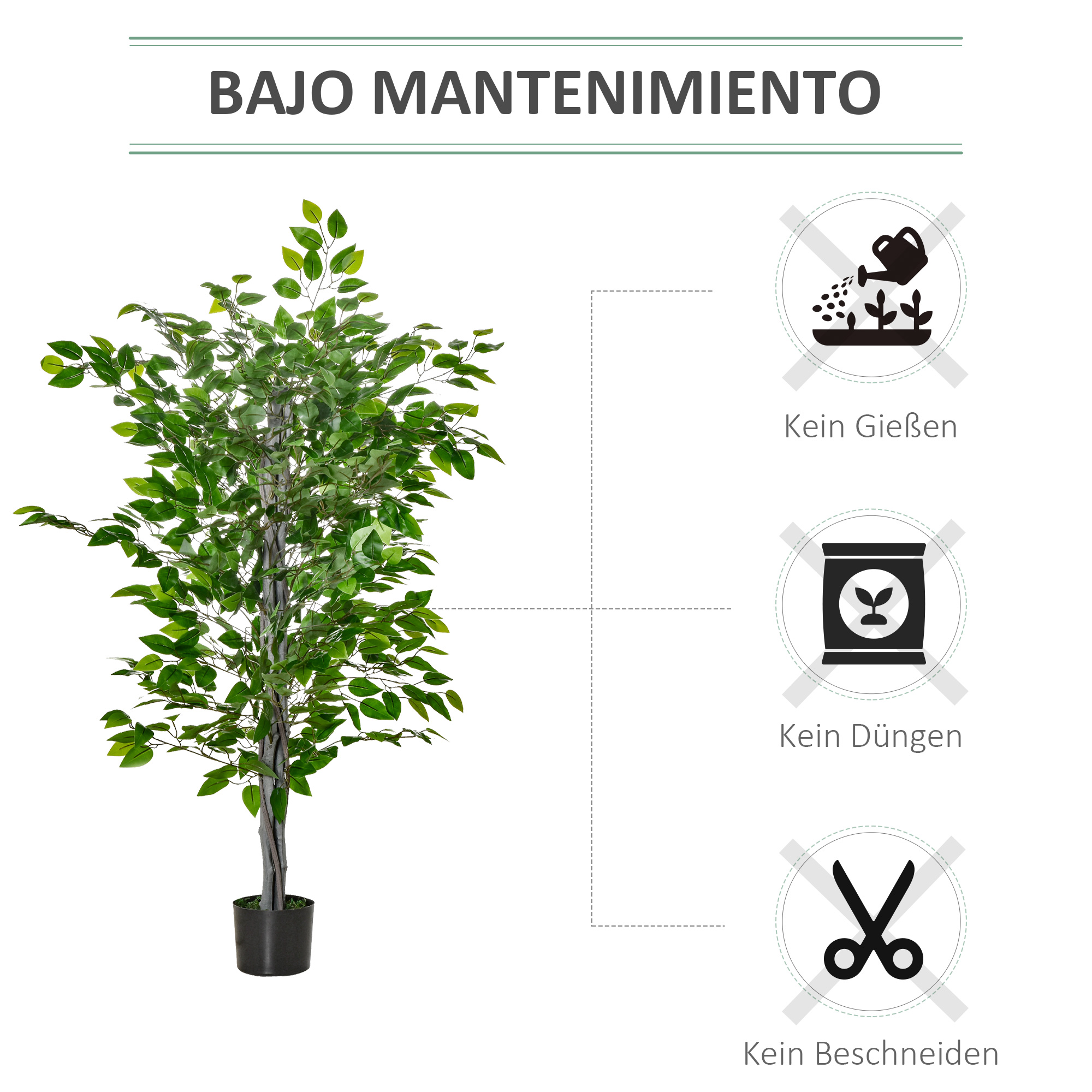 Künstlicher Baum, Ficus-Kunstpflanze, realistisches Aussehen, Zementtopf, 135 cm, pflegeleicht, Kunststoff, Grün