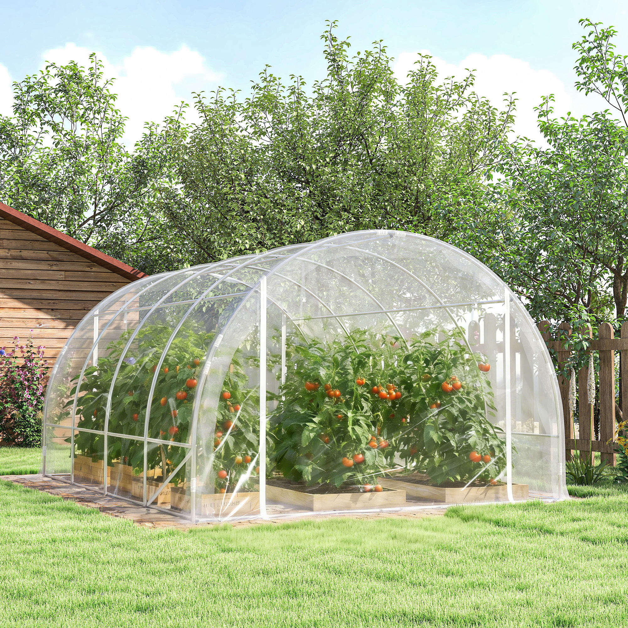 Polytunnel-Gewächshaus, begehbares Gewächshaus mit verzinktem Stahlrahmen und UV-beständiger PE-Abdeckung, transparent