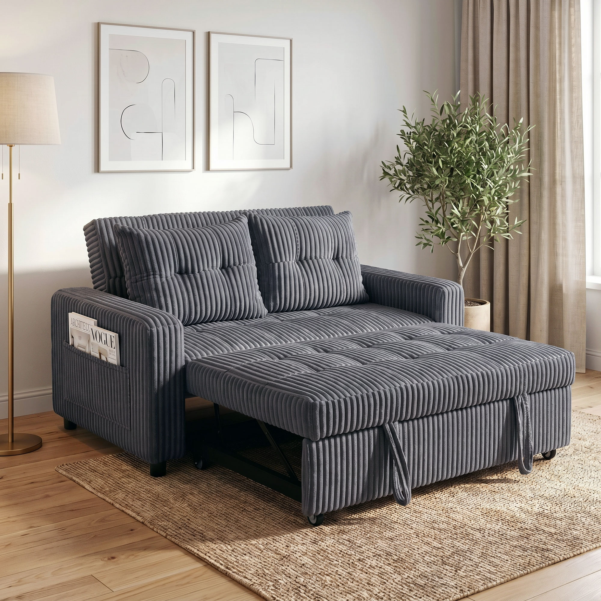 2-Sitzer Sofabett, Cordbezug, zum Schlafsofa umwandelbar, 2 Kissen, Seitentaschen, 157 x 190 cm, Dunkelgrau