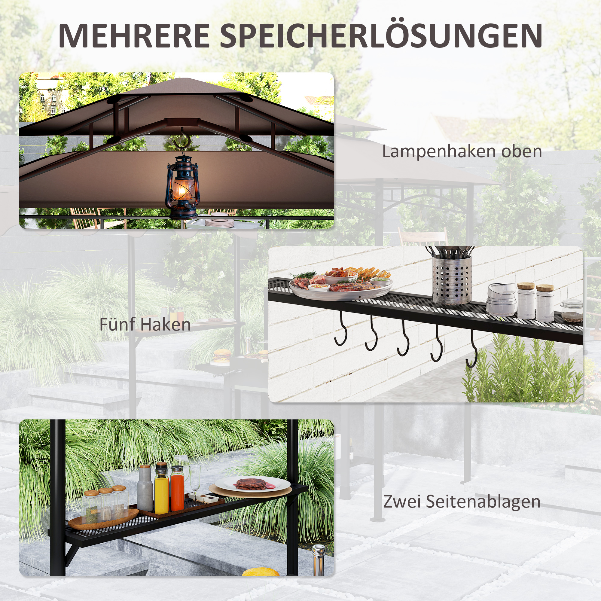 Grillpavillon 242x149x248 cm wasserabweisend flammhemmend Gartenpavillon mit Doppelschichtdach Kaffee