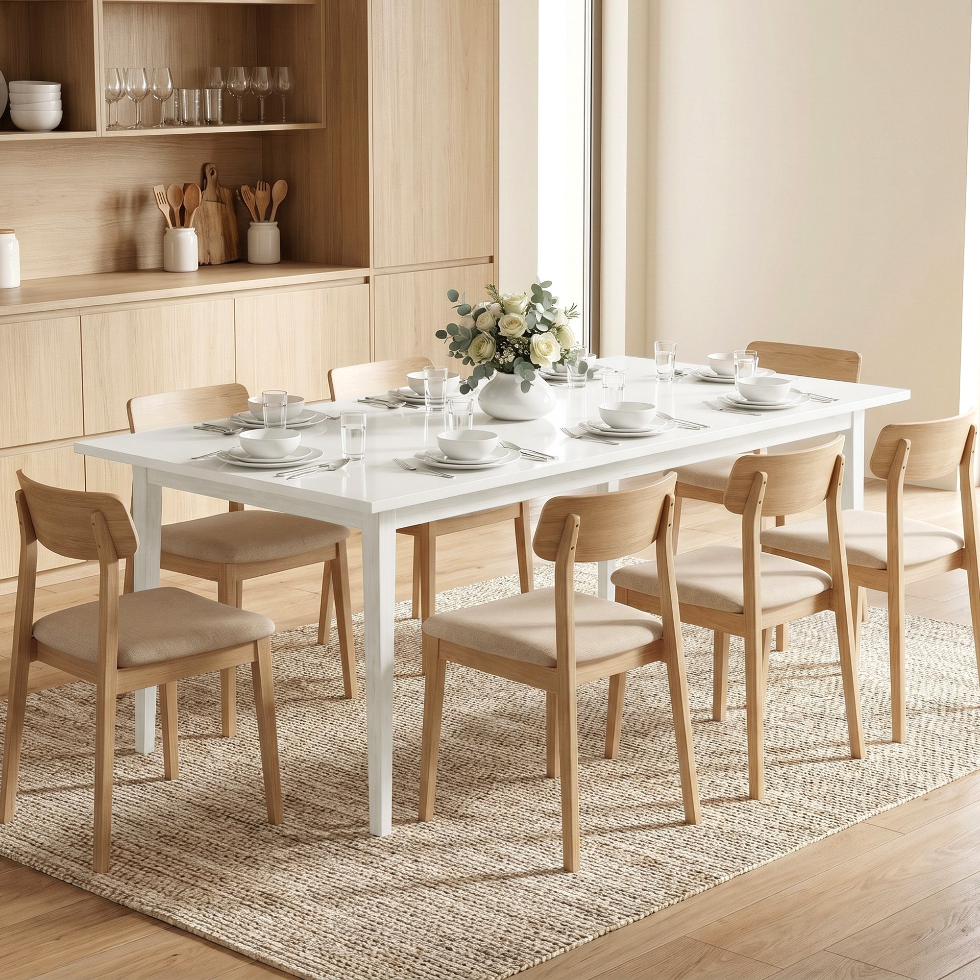 Esstisch für 8 Personen, Moderner Küchentisch mit Massivholzbeinen, 180 cm, Creme