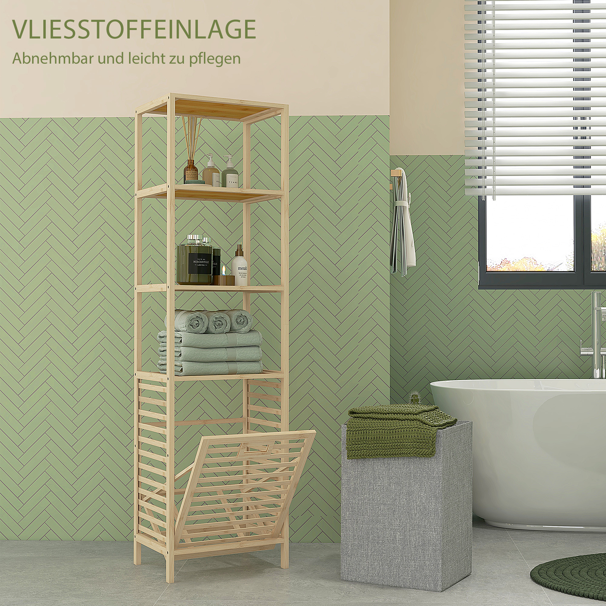 Badezimmerregal, mit Wäschesammler, 3 Regalböden, Bambusrahmen, 44x33x160cm, Natur