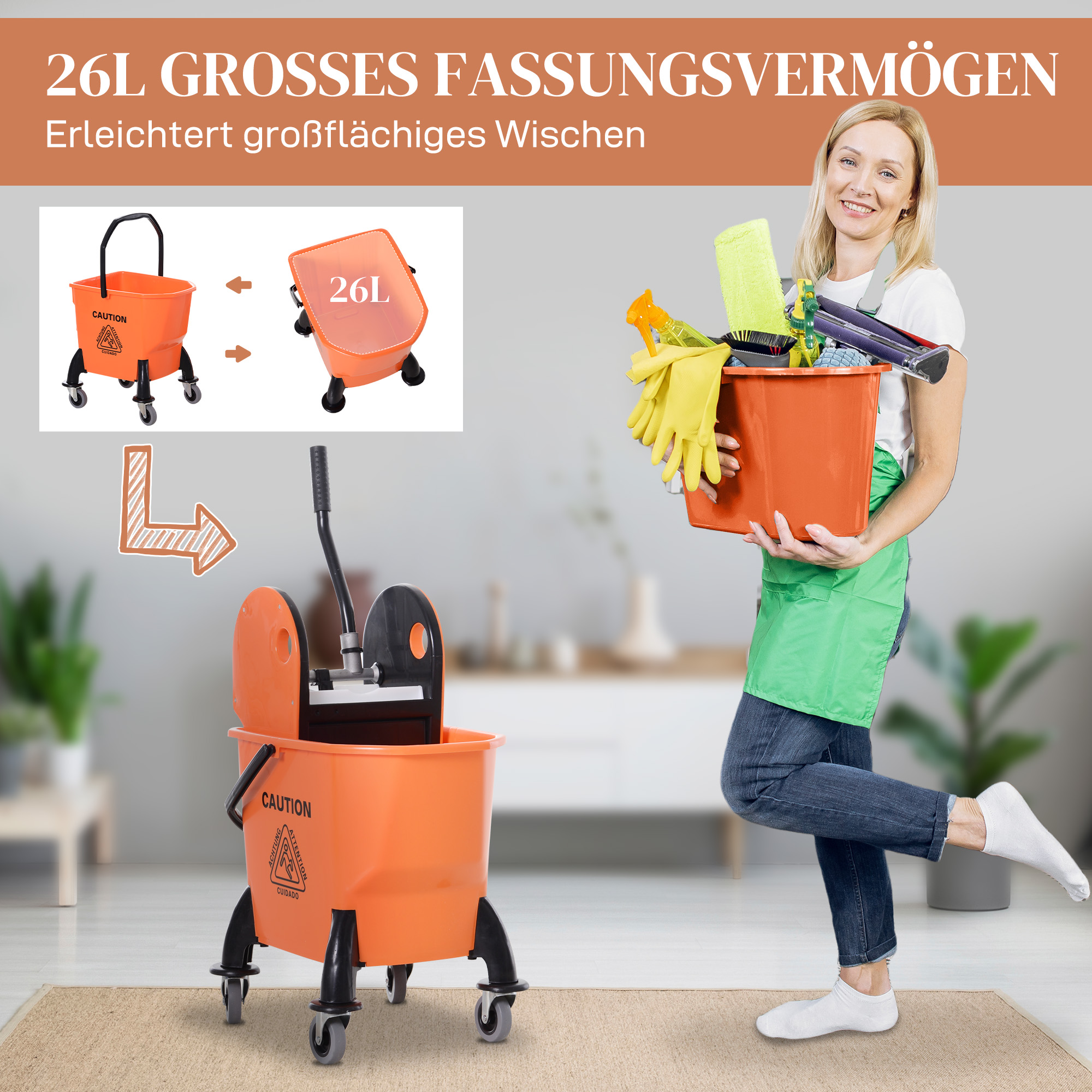 Rollbarer Reinigungseimer, Moppeimer, Mopp-Presse, 26 L, Kunststoff, Orange
