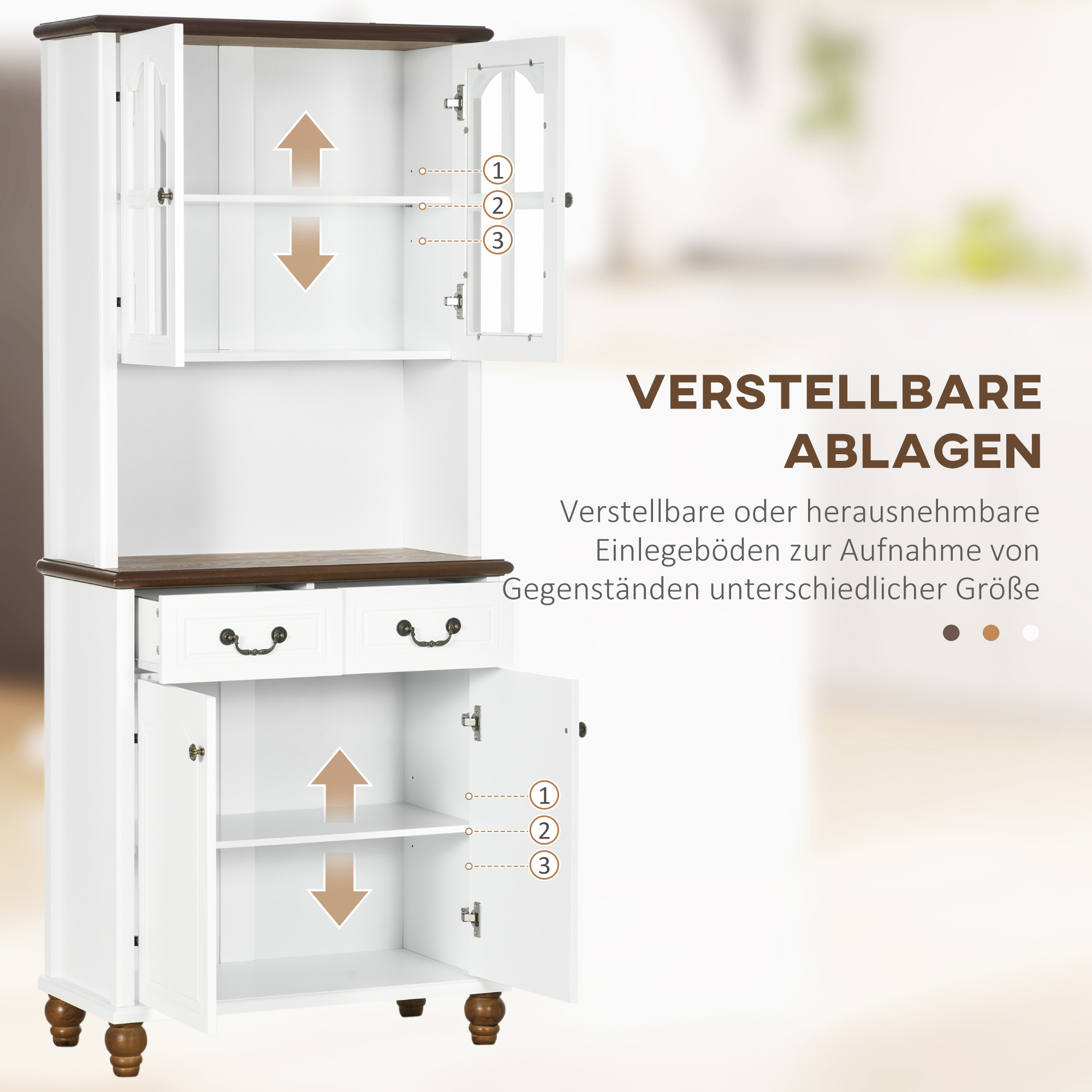 Küchenschrank, Buffet, 2 Schubladen, 2 Schrankfächer, klassisches Design, Weiß+Dunkelbraun, 76 x 38 x 182 cm
