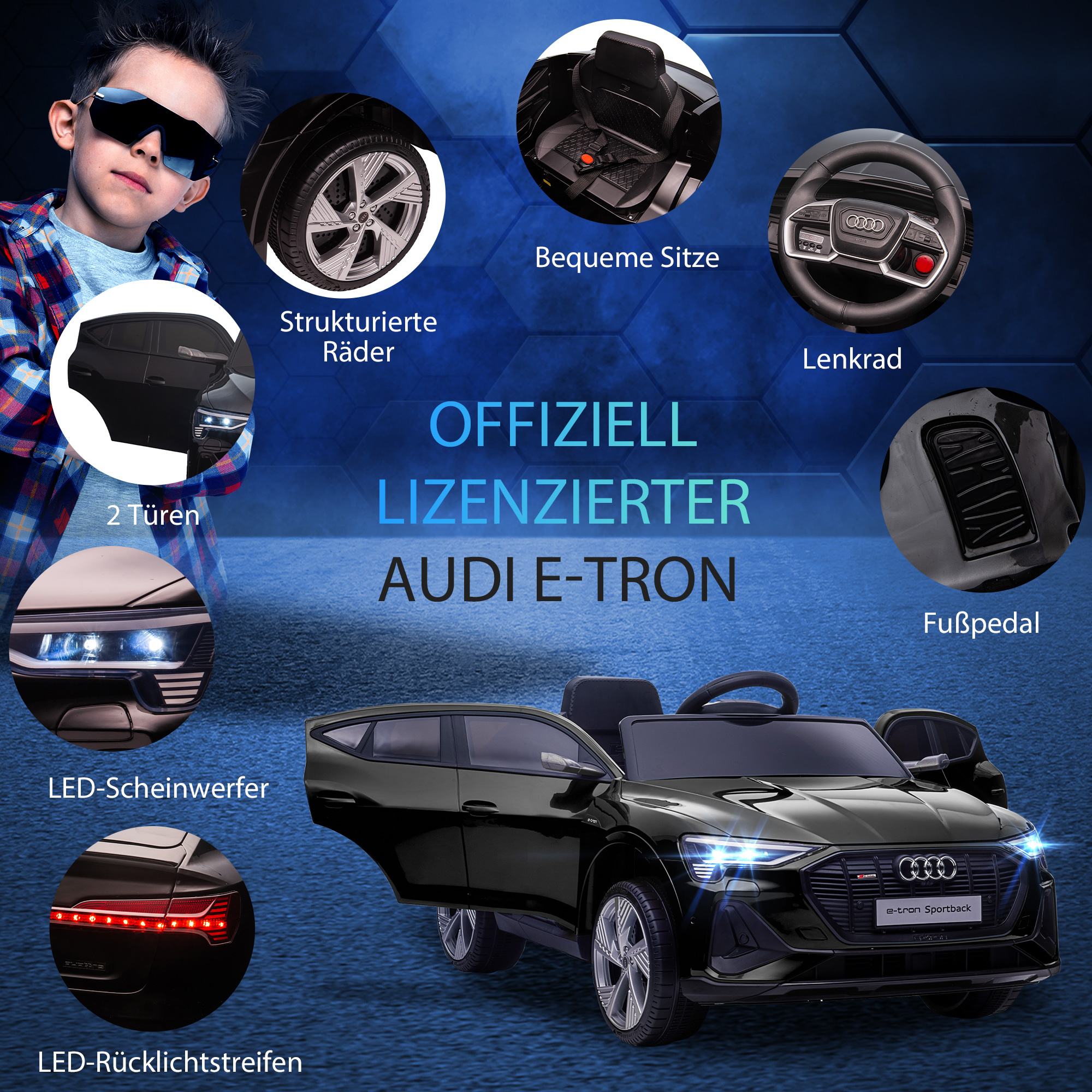 Elektro Kinderauto 12V Elektrofahrzeug Audi E-tron Elektroauto mit Fernbedienung, Sicherheitsgurt, Musik (MP3/USB/TF), Kinderfahrzeug für Kinder 3-5 Jahre, 3-5 km/h, Schwarz