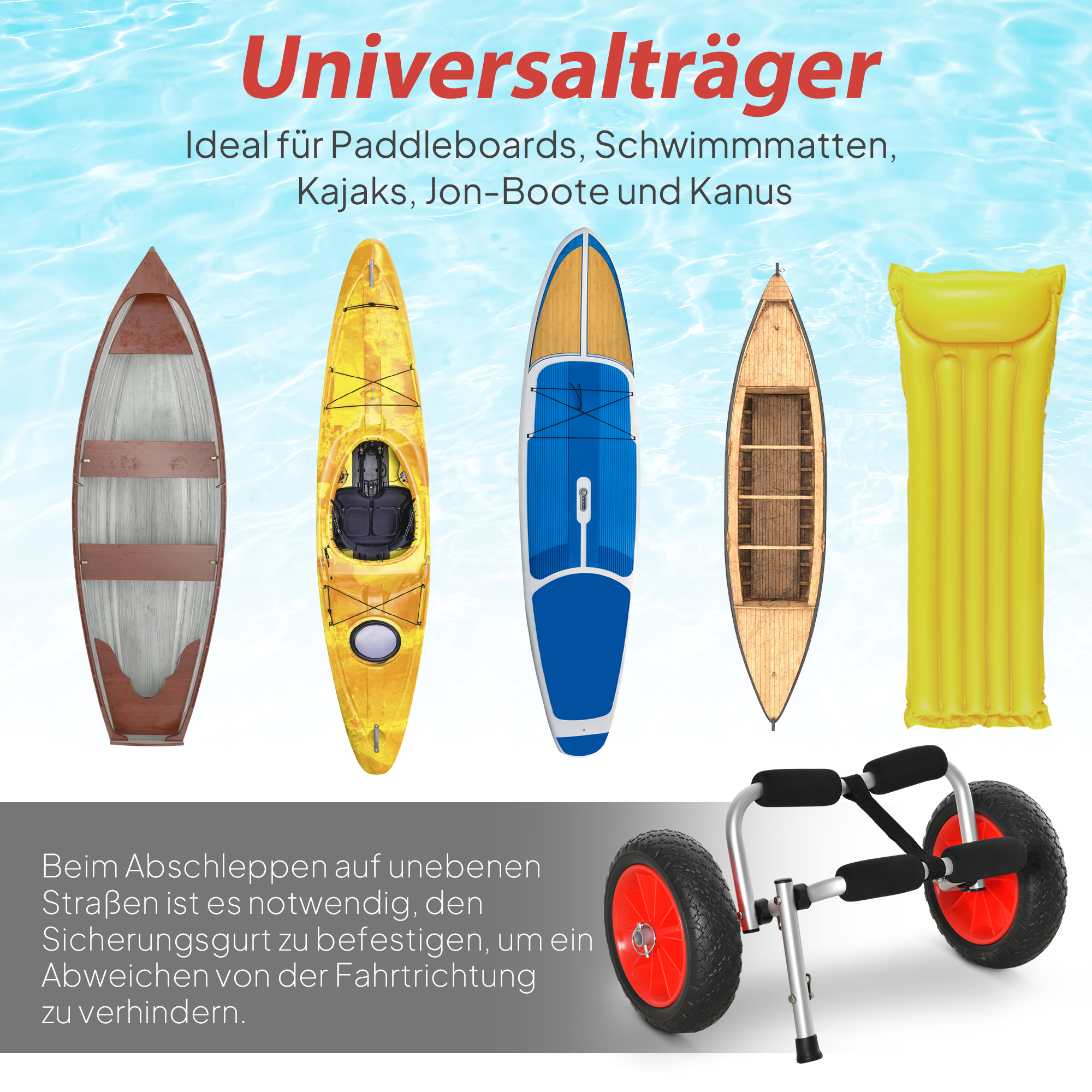 Transportwagen klappbar Alu Kajakwagen bis 70 kg Bootswagen mit Spanngurte luftlose Stollenreifen