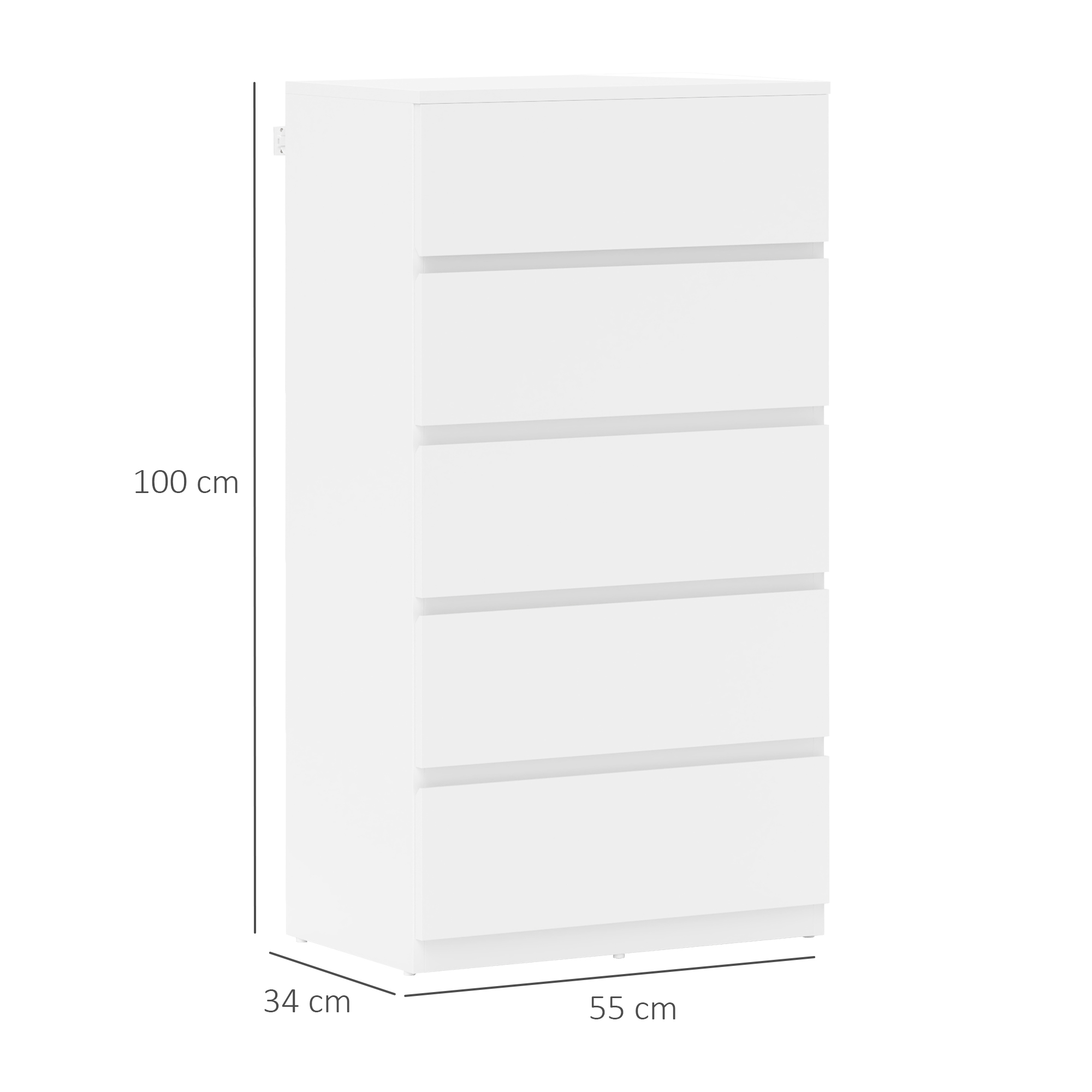 Kommode Sideboard Schubladenkommode, 5 Schubladen, 55 cm x 34 cm x 100 cm, Weiß