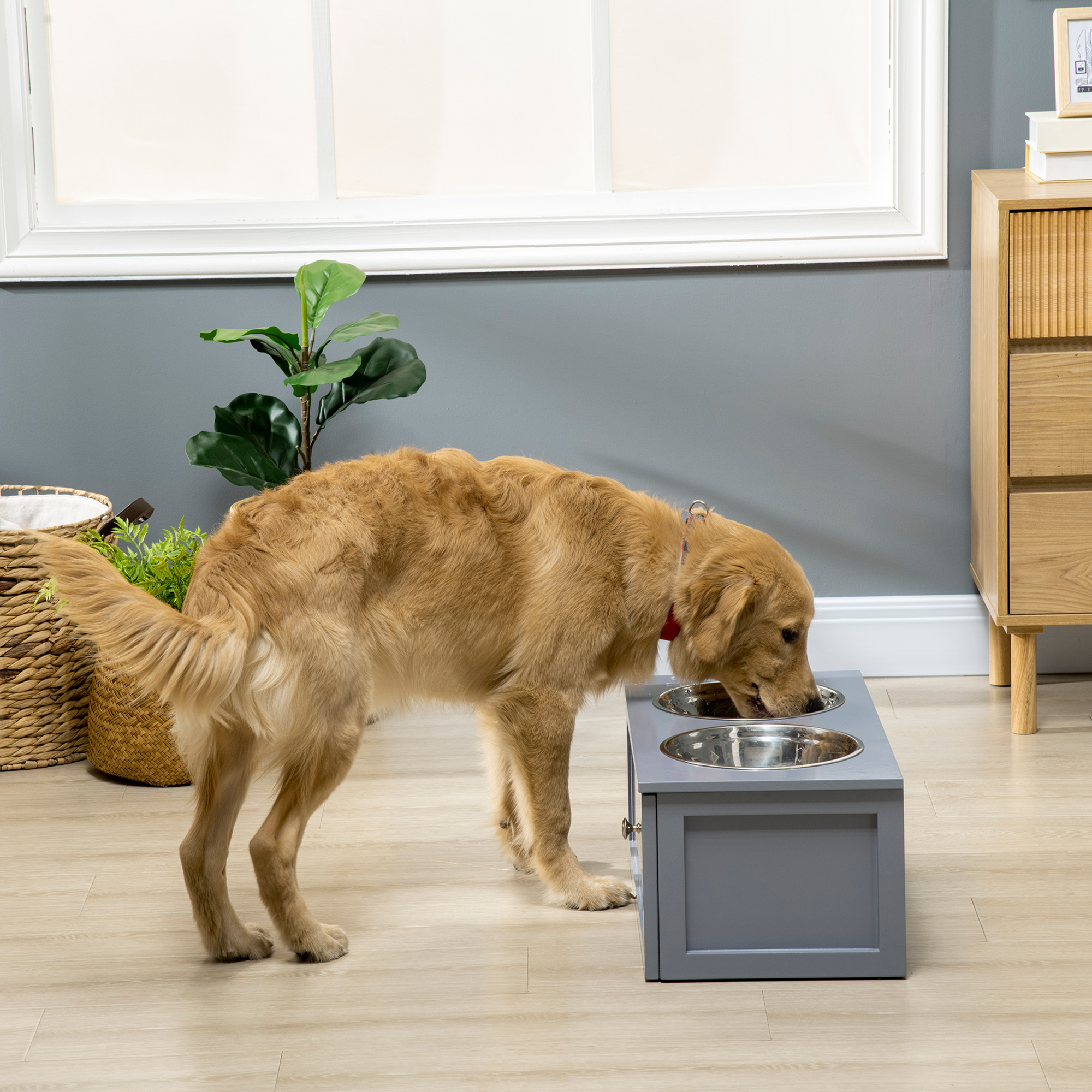 Futterstation, 2 Fressnäpfe je 2 Liter, Edelstahl, mit Schublade, für mittlere Hunde, grau, 60 x 30 x 24cm