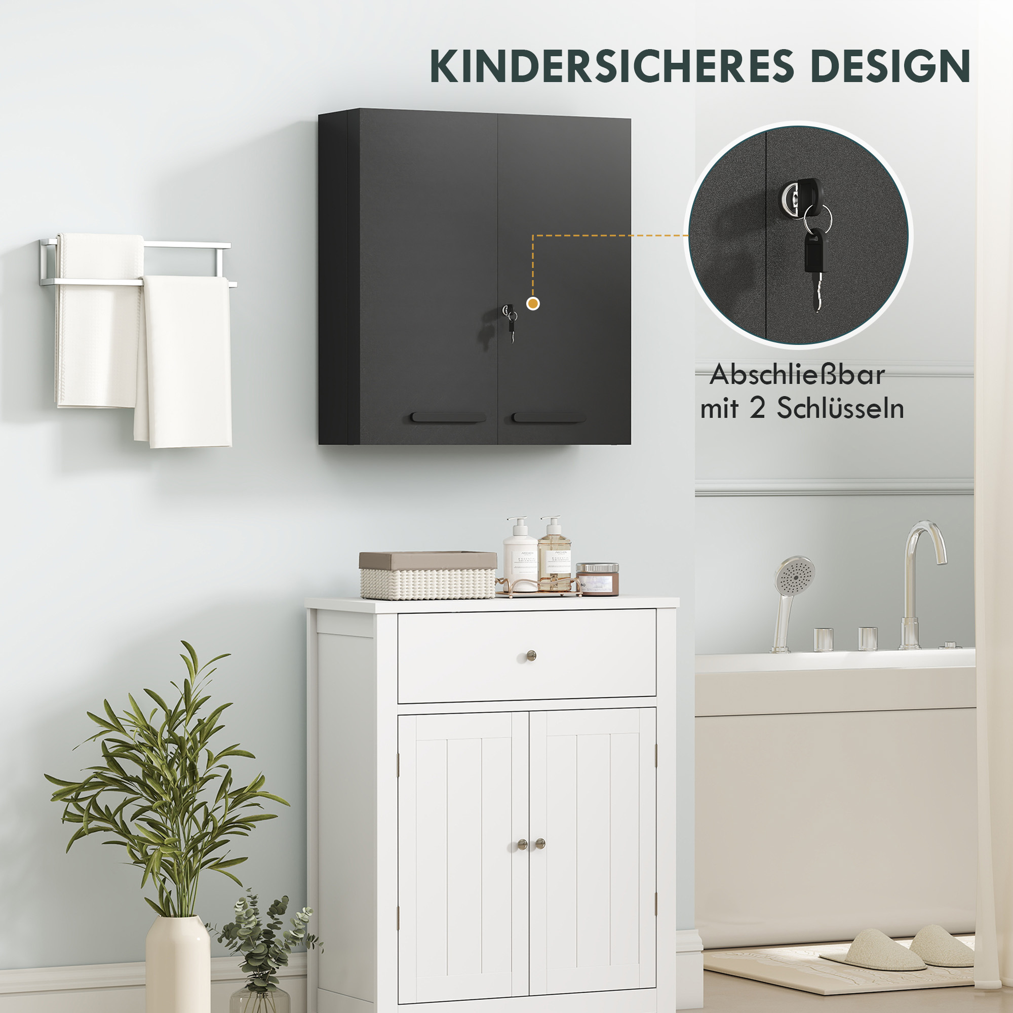 Medizinschrank, abschließbarer Medikamentenschrank mit 2 Türen und 6 Regalen, Schwarz