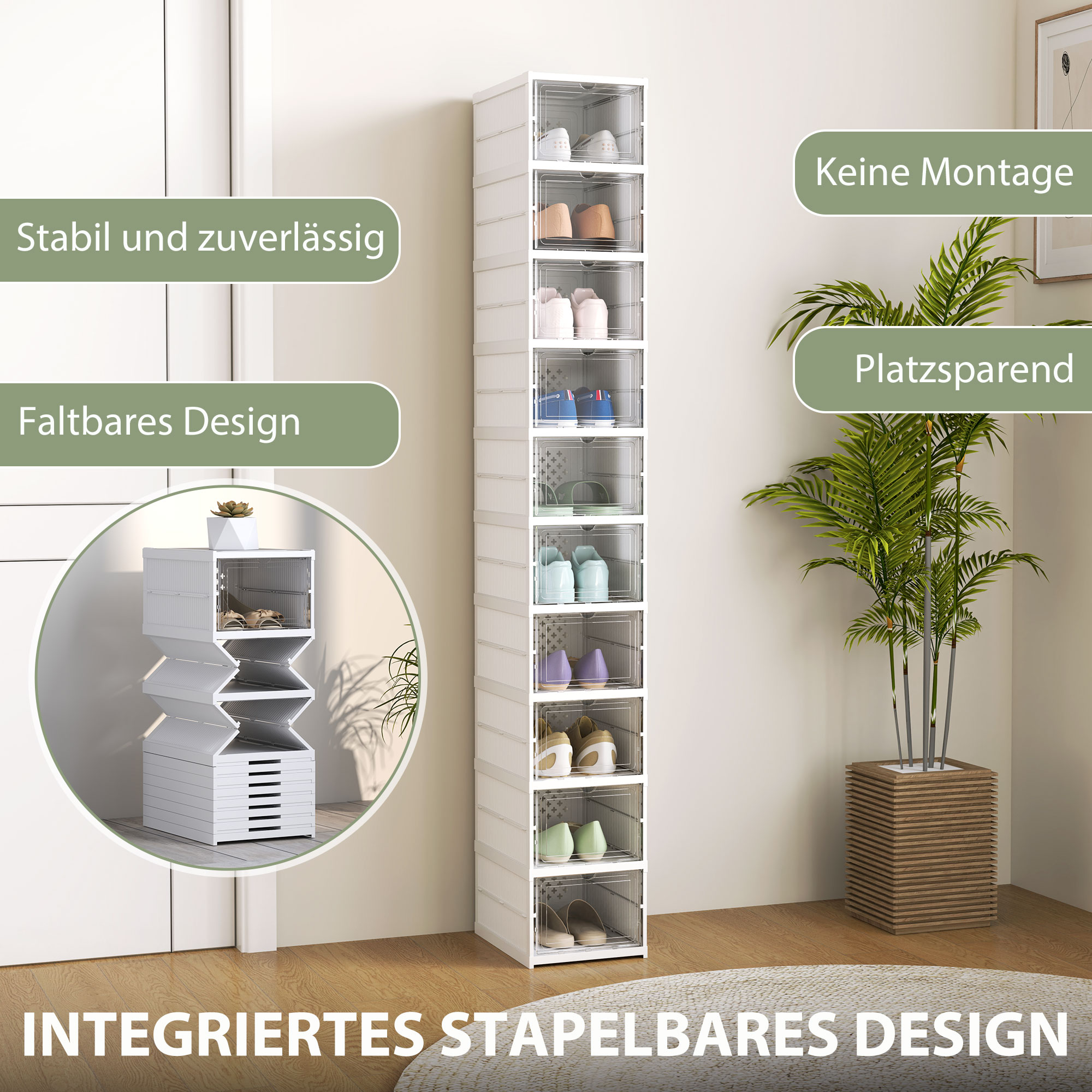 10-stufiges Schuhregal, Schuhschrank, faltbar, belüftete Rückseite, Kunststoff, Weiß