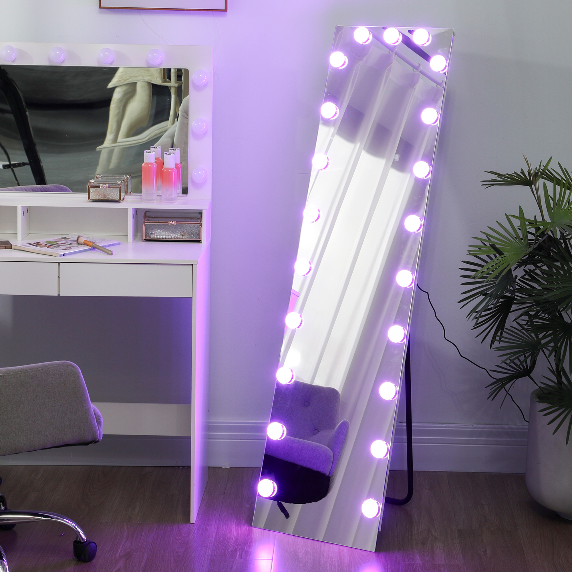 Ganzkörperspiegel 150x40 cm RGB-LED Standspiegel mit 21 Glühbirnen 7 Lichtfarbe Touch-Schalter Memory-Funktion