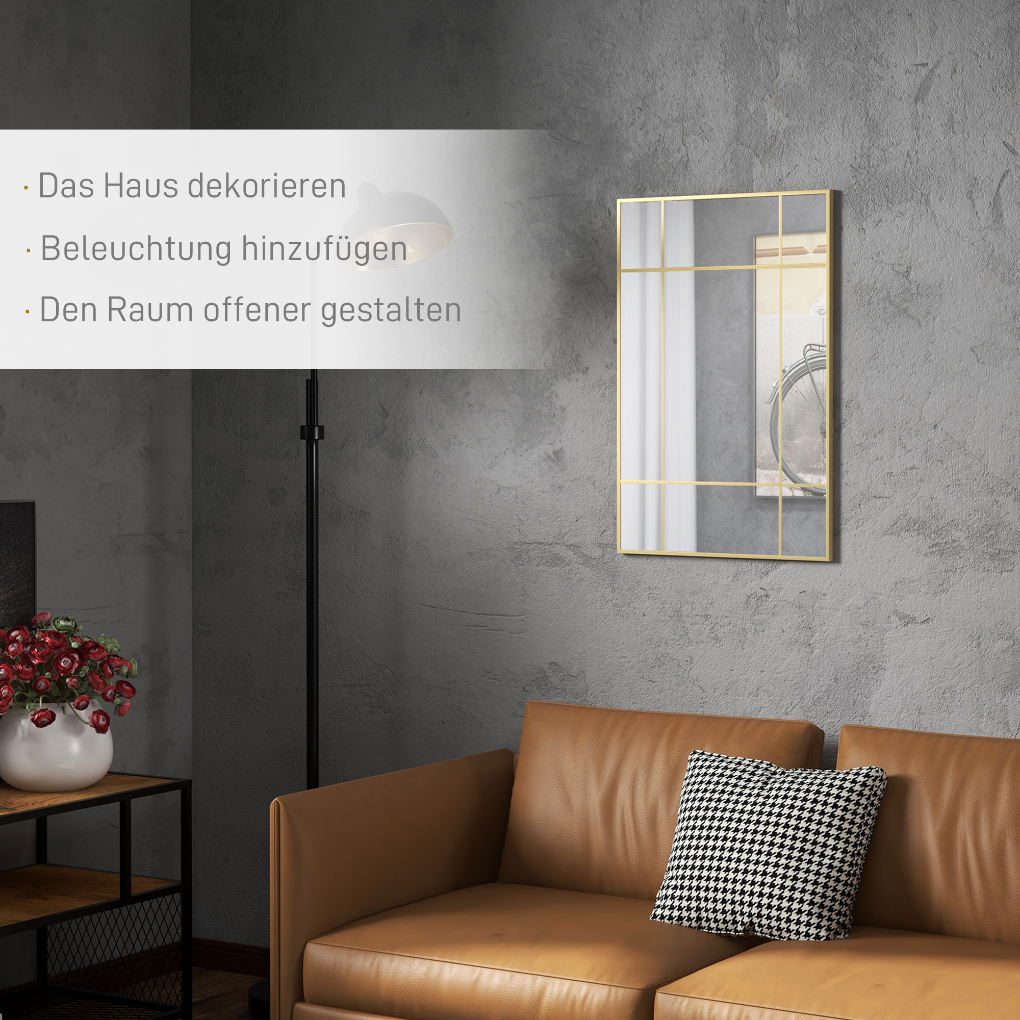 Wandspiegel, dekorativer Spiegel mit Metallrahmen, goldfarbene Streifen, Mehrschichtglas, 90B x 2T x 60H cm