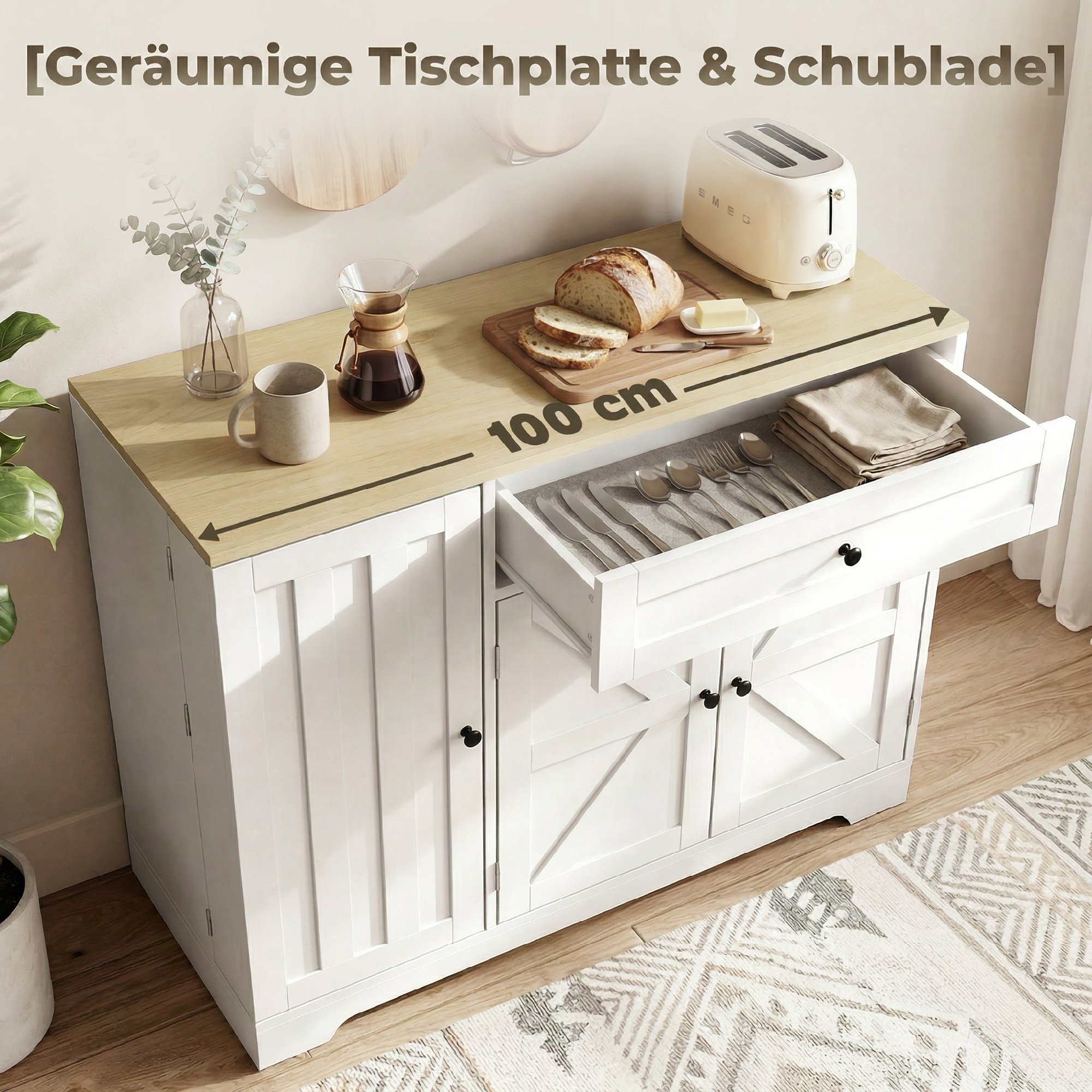 Sideboard, Landhausstil Küchenschrank mit Schiebetüren, 1 Schublade, 2 verstellbaren Einlegeböden, Türregalen