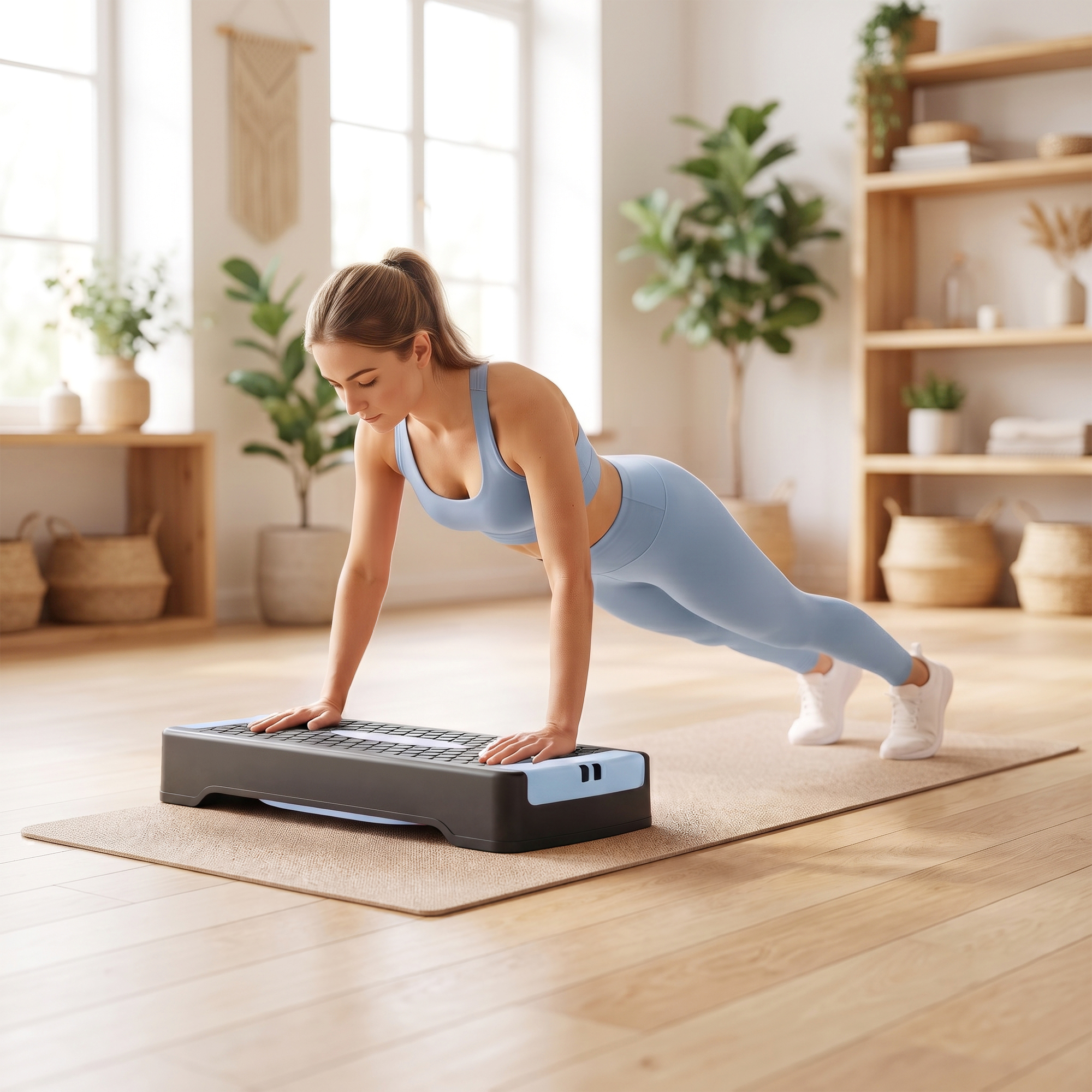 Steppbrett höhenverstellbar Fitness Aerobic Stepper mit 2 Stufen (11/16 cm) 2 Widerstandsbändern, Anti-Rutsch-Matte Blau