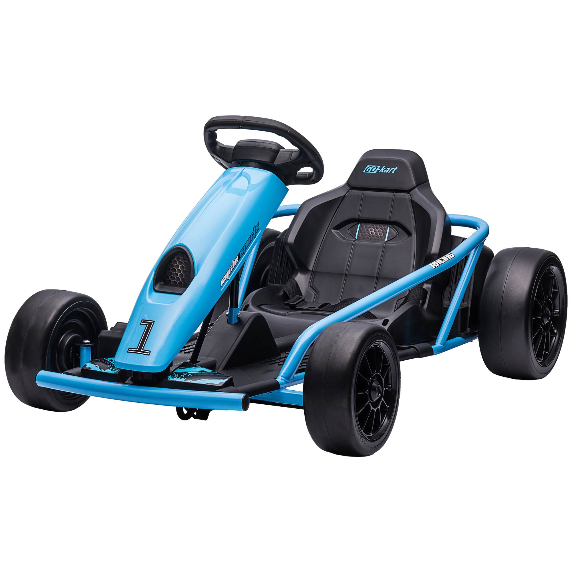 Elektro-Gokart für Kinder, Drift-Funktion, Hupe, Musik, Sicherheitsgurt, Soft-Start, Blau/Schwarz Elektro-Gokart für Kinder, Drift-Funktion, Hupe, Musik, Sicherheitsgurt, Soft-Start, Blau/Schwarz