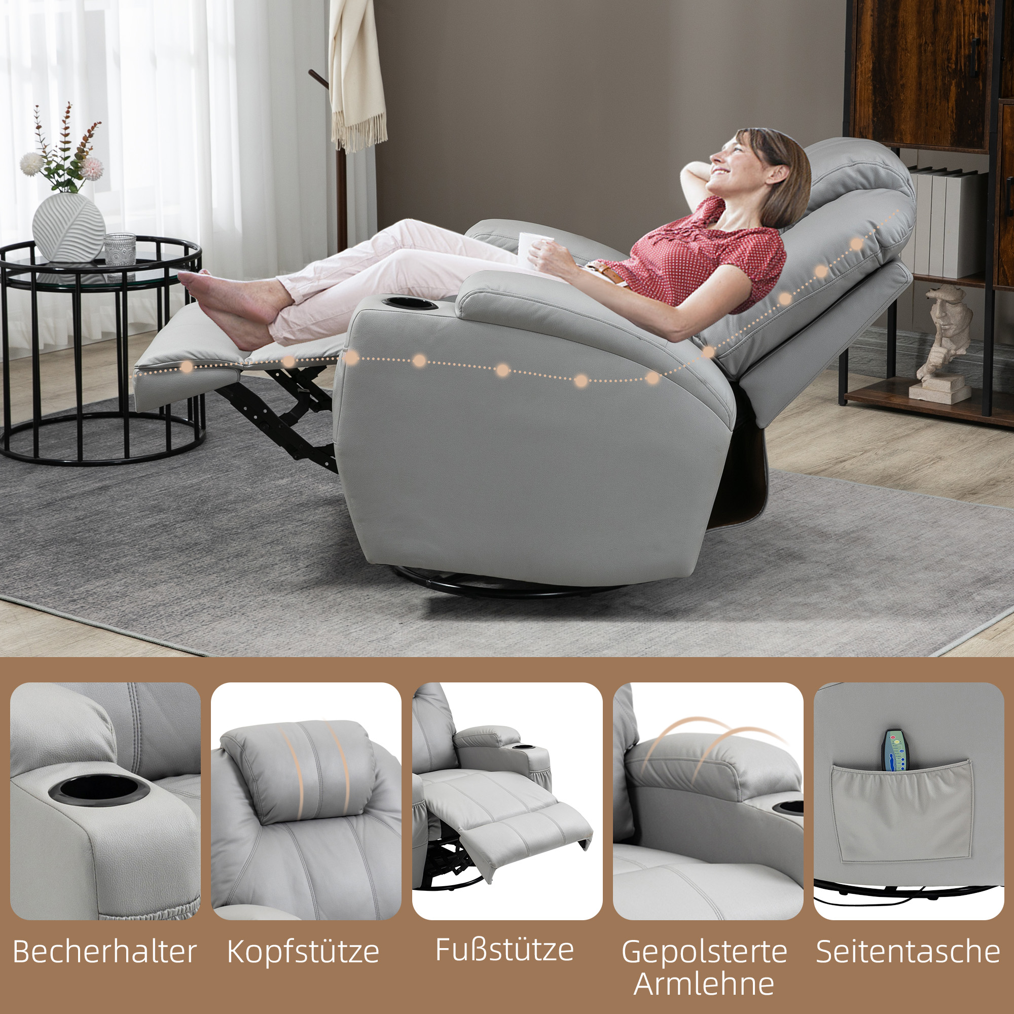 Massagesessel mit Fußstütze, 8 Vibrationspunkte, 5 Modi, inkl. Fernbedienung, Hellgrau