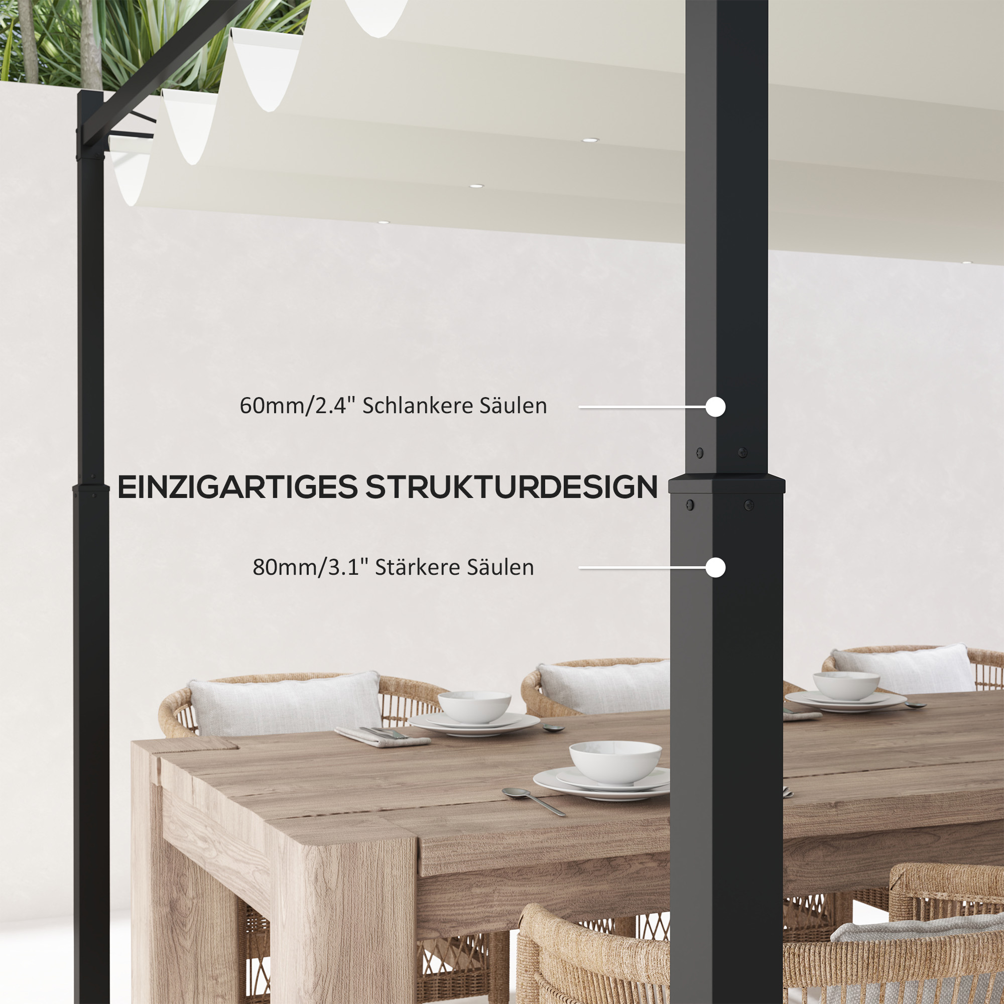 Garten-Pergola, 3 x 3 m, Ausziehbares Dach und Magnetpad, Outdoor-Baldachin, Garten-Pavillon, UPF30+, Metall, Cremeweiß