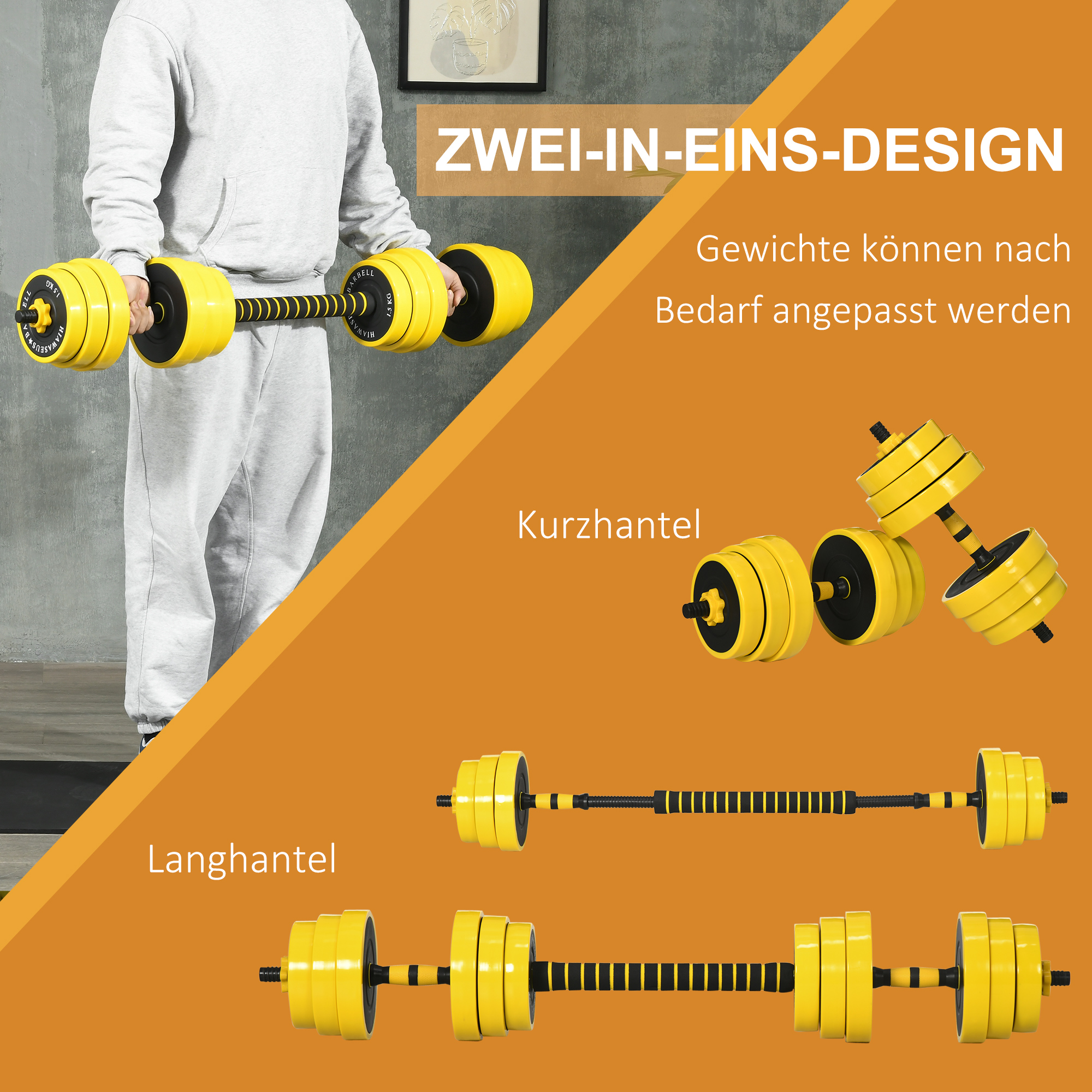 25 kg Hantel & Langhantel,Einstellbare ergonomische 3-in-1 Hantelset,12 × Platten,2 × Kurze Stöcke,1 × Langer Stock,Gelb+Schwarz