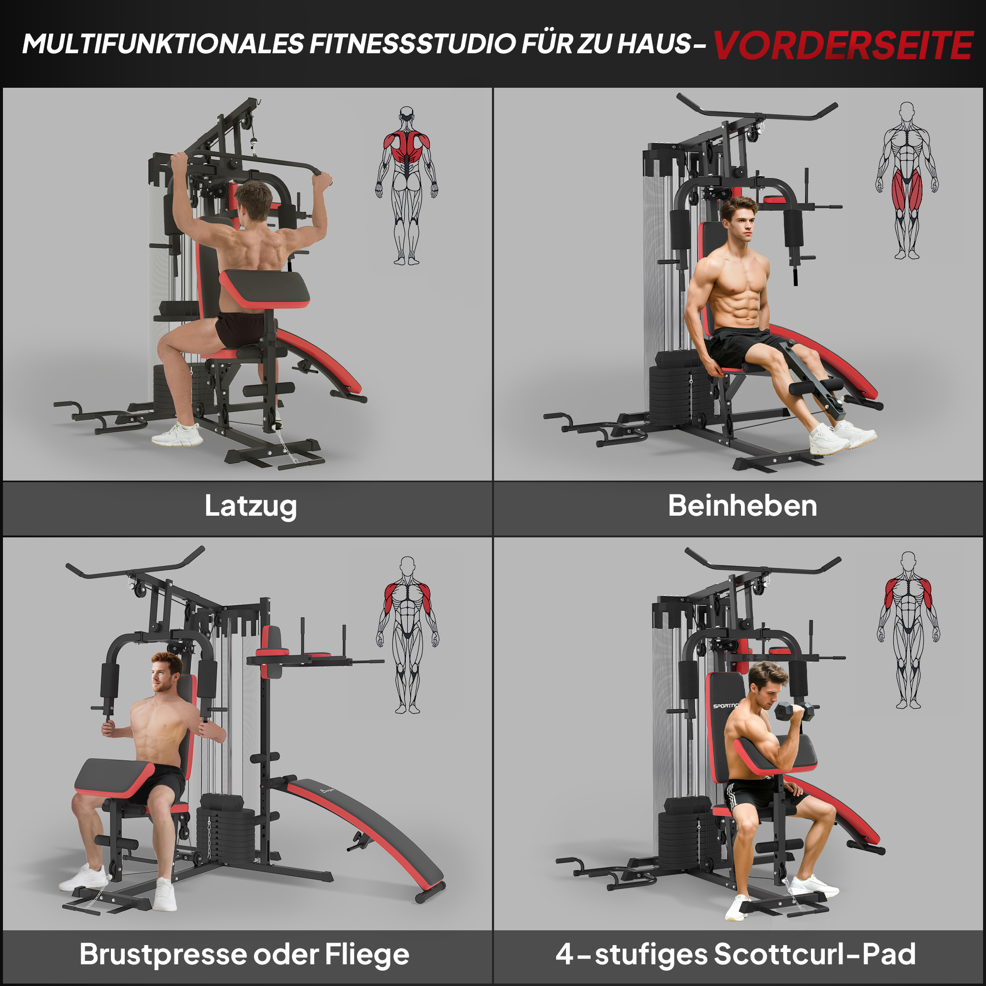 Mehrzweck-Trainingsstation mit 65 kg Gewichtsblock, verstellbar, fürs Heimtraining, Stahl, Kunstleder