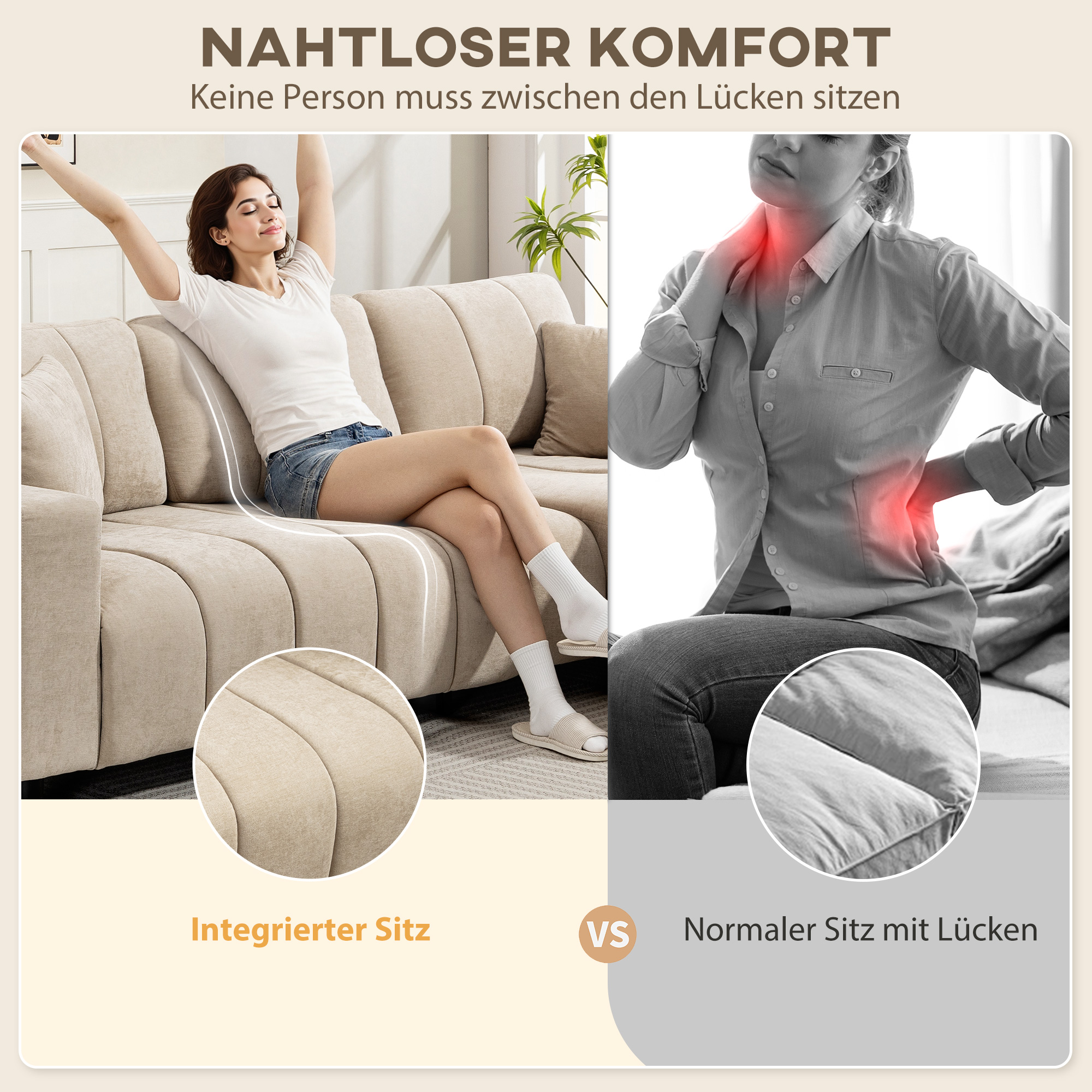 L-förmiges Ecksofa mit flexibler Chaiselongue, 3-Sitzer-Couch mit 2 Kissen, Metallrahmen, für Wohnzimmer, Beige