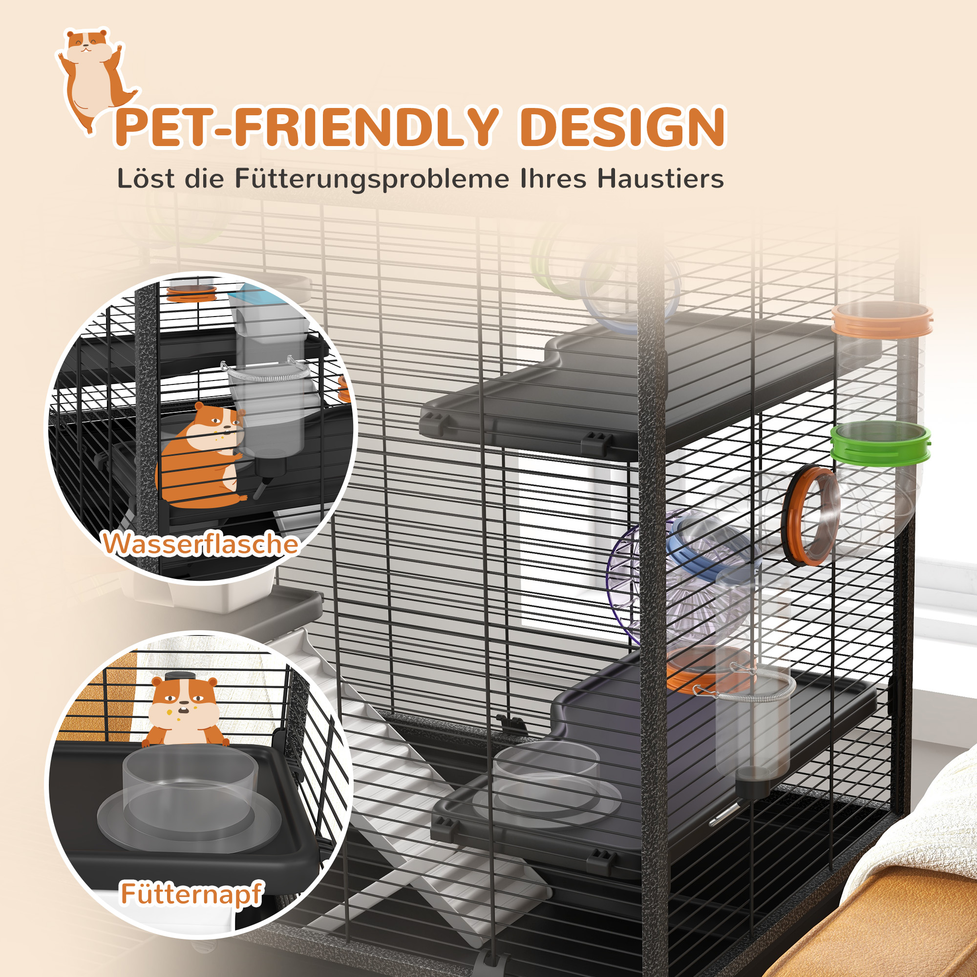 Hamsterkäfig mit Röhren, Laufrad, Häuschen, Wasserspender, 109 x 82 x 46 cm, Schwarz