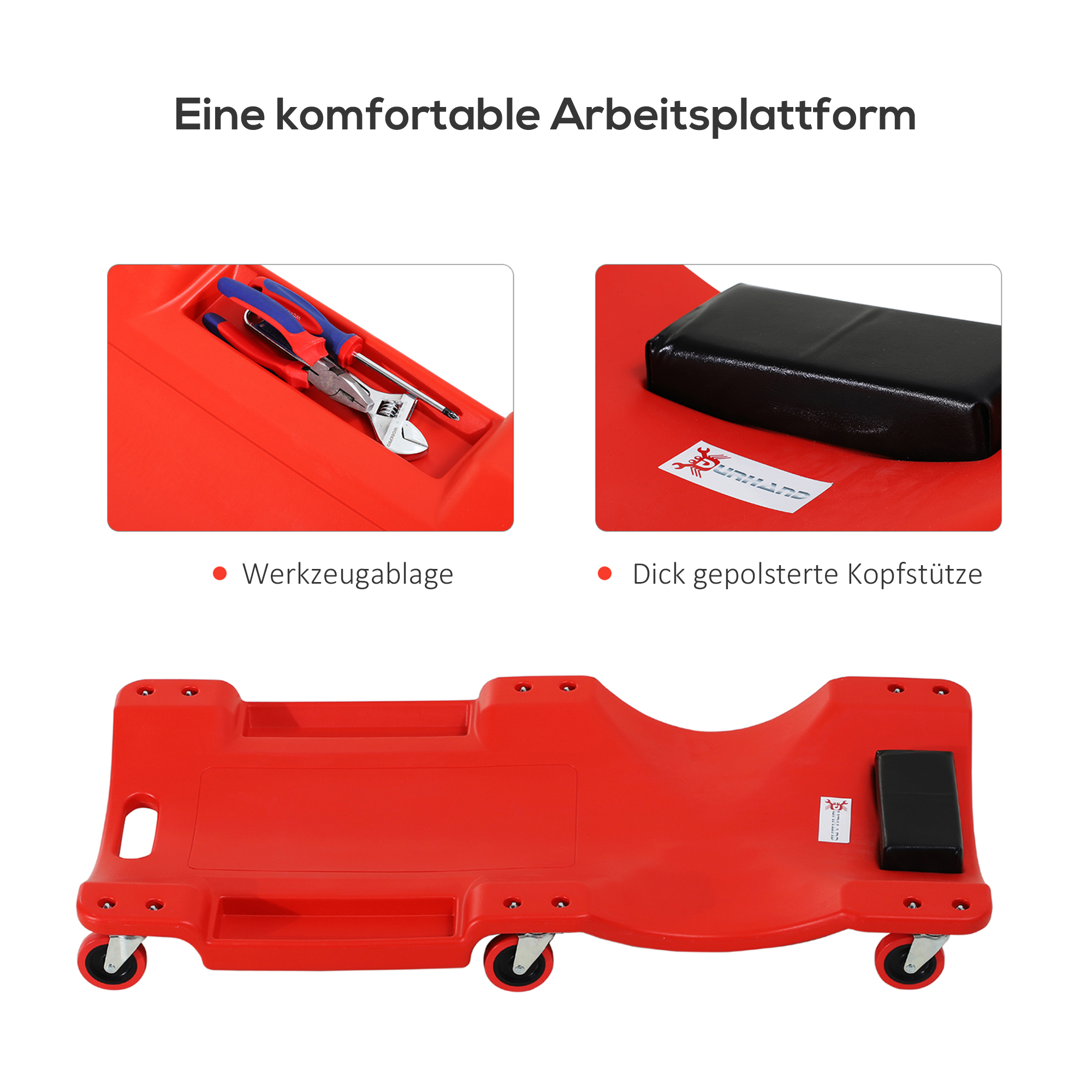 Montage-Rollbrett, Kopfstütze, Werkzeugablage, ölbeständig, bis 120 kg, 100x48x12 cm, Rot