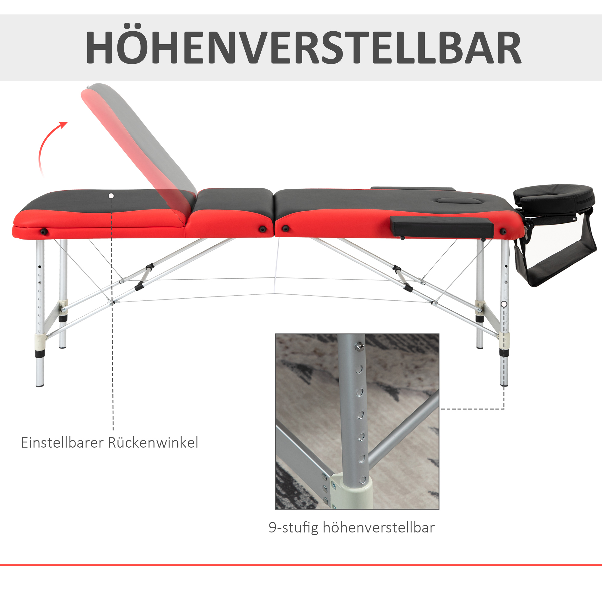 mobile Massageliege 3 Zonen Klappbar Massagetisch mit Kopfstütze Armlehne Tragetasche höhenverstellbare Aluminium Massagebett tragbar inkl. Zubehör Massagebank bis 225 kg Belast Rot