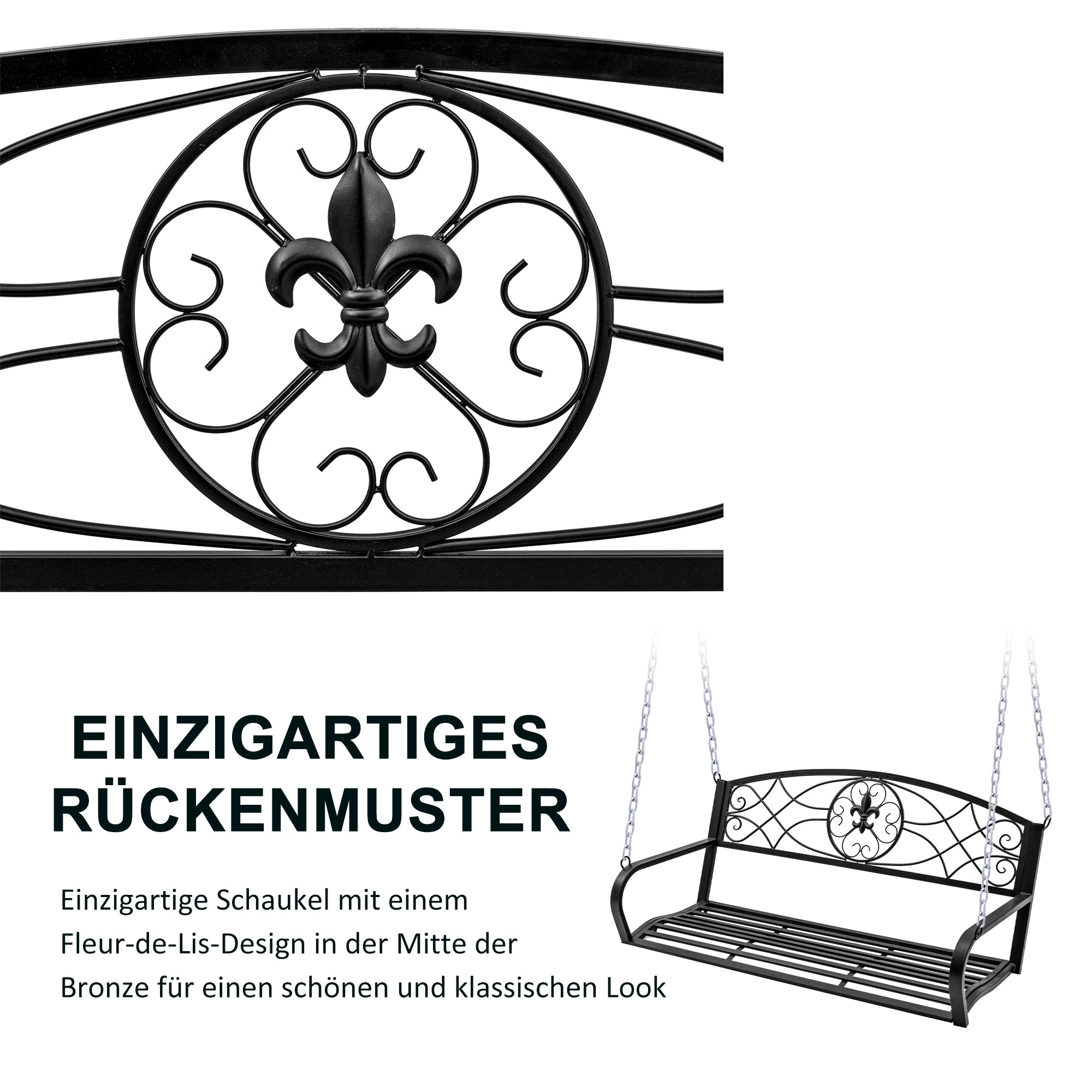 Hängebank 2-Sitzer Gartenschaukel Schaukelbank Hollywoodschaukel Schwebebank mit Ketten Metall Schwarz 132 x 63 x 58 cm