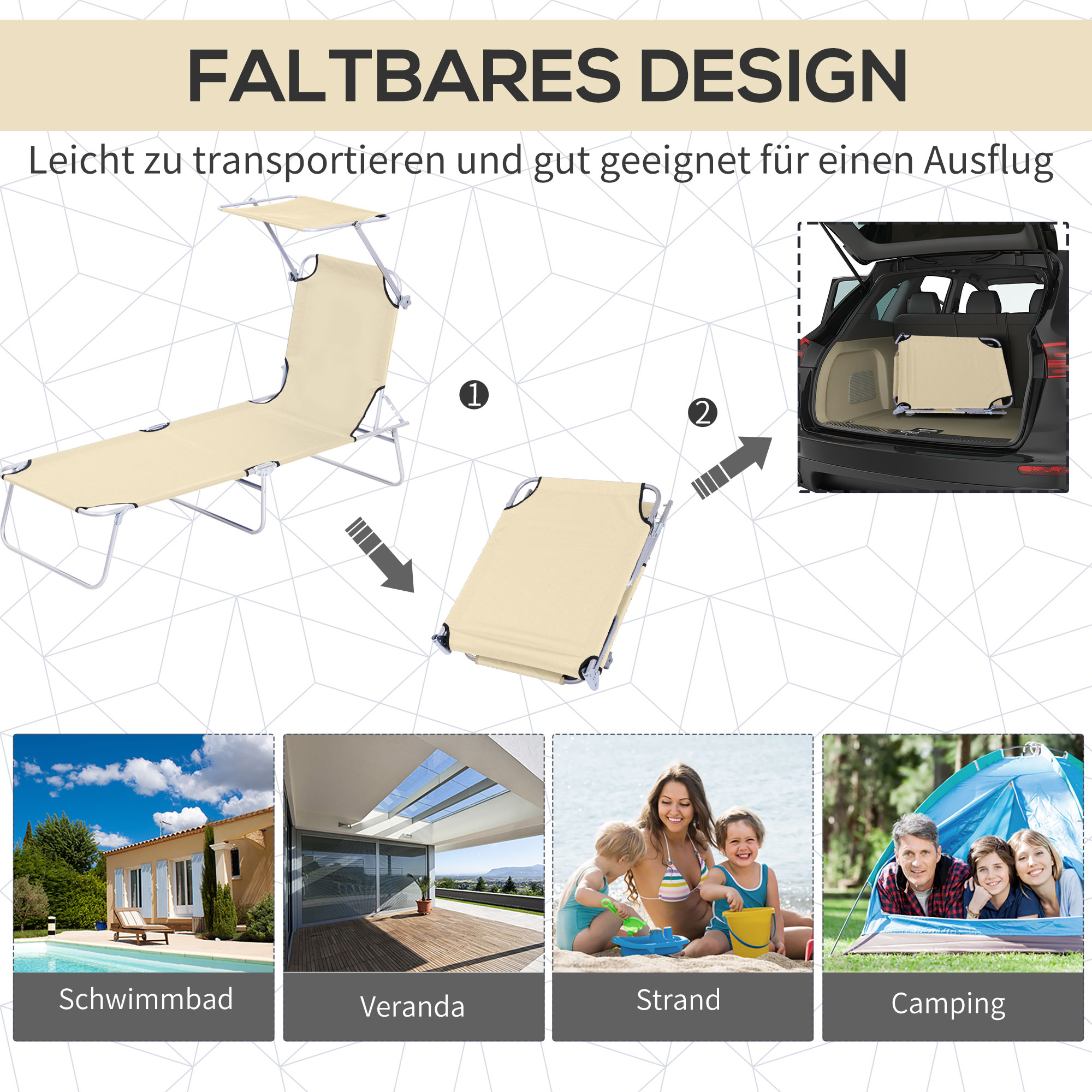 Sonnenliege klappbar Gartenliege mit Dach, Liegestuhl mit 4-Fach verstellbare Rückenlehne, wetterfeste Campingliege bis 120 kg belastbar, für Garten Strand Pool, Beige
