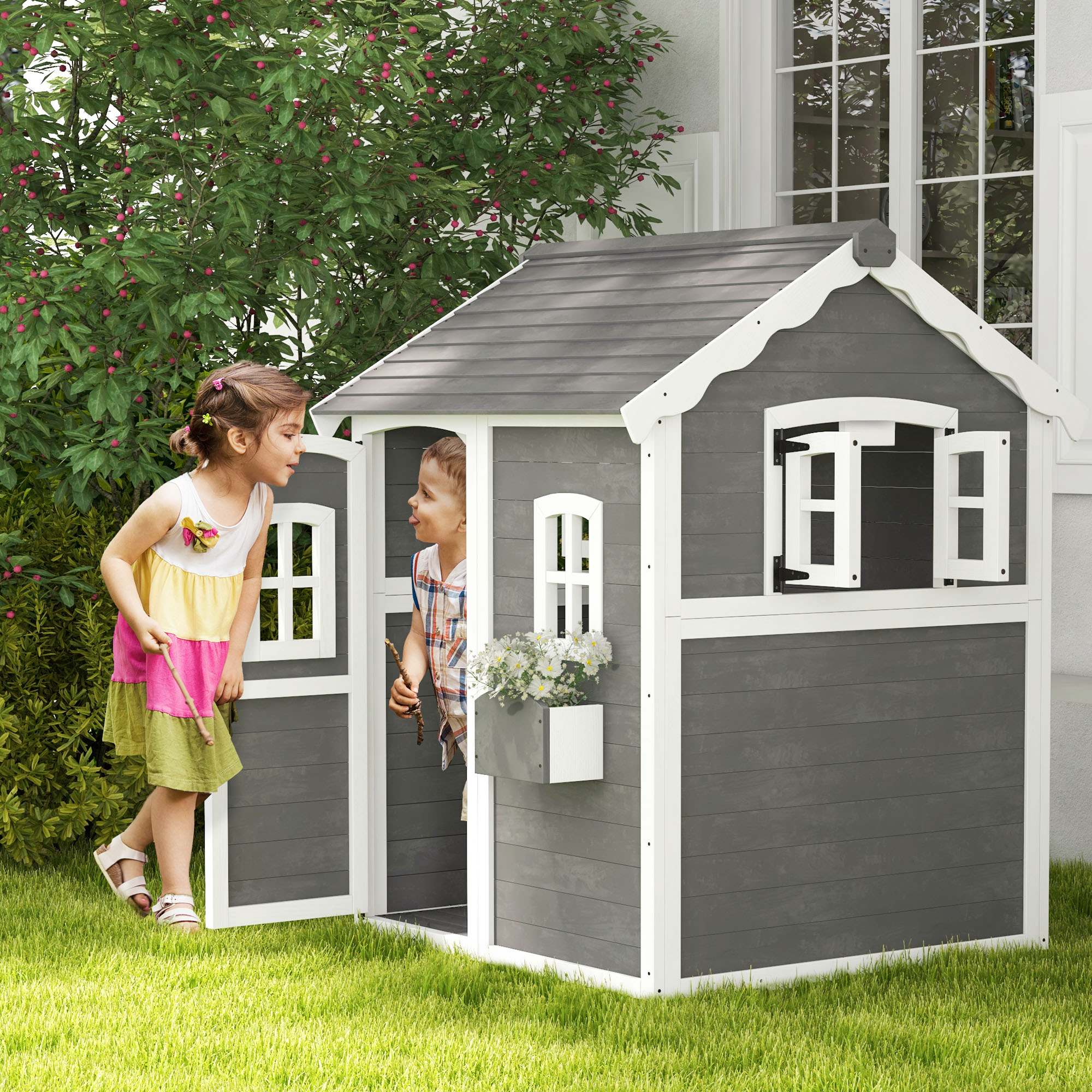 Spielhaus für Kinder, Indoor- und Outdoor-Haus mit Tür, Fenstern und Pflanzkasten, Tannenholz, Grau