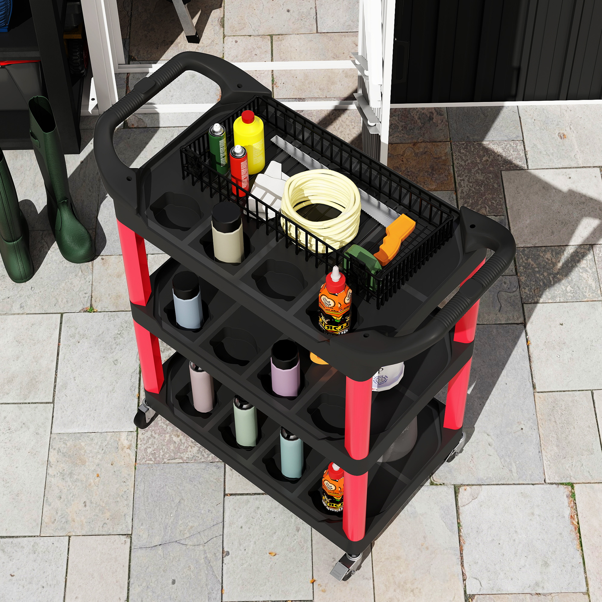 Werkzeugwagen mit 3 Ebenen, seitliche Griffe, Räder, Kunststoff, Rot