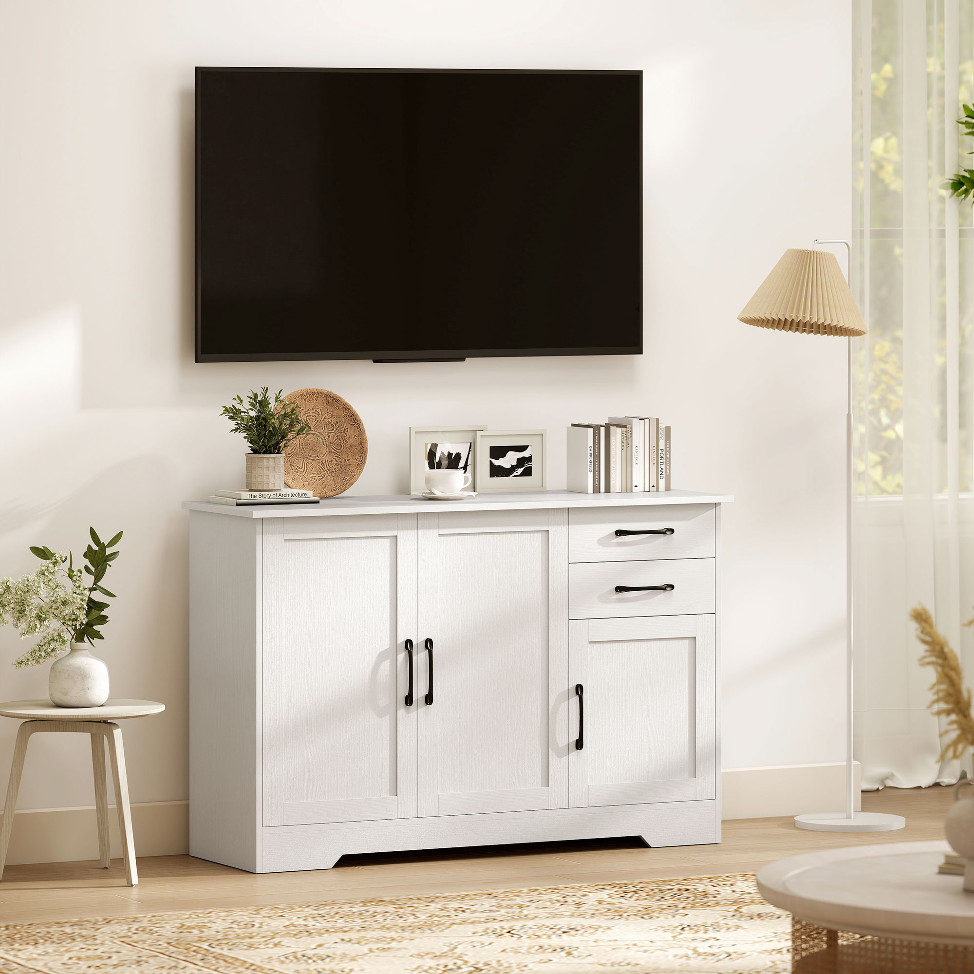 Sideboard mit 2 Schubladen, modernem Aufbewahrungsschrank, verstellbarem Einlegeboden und 3 Türen, Weiß