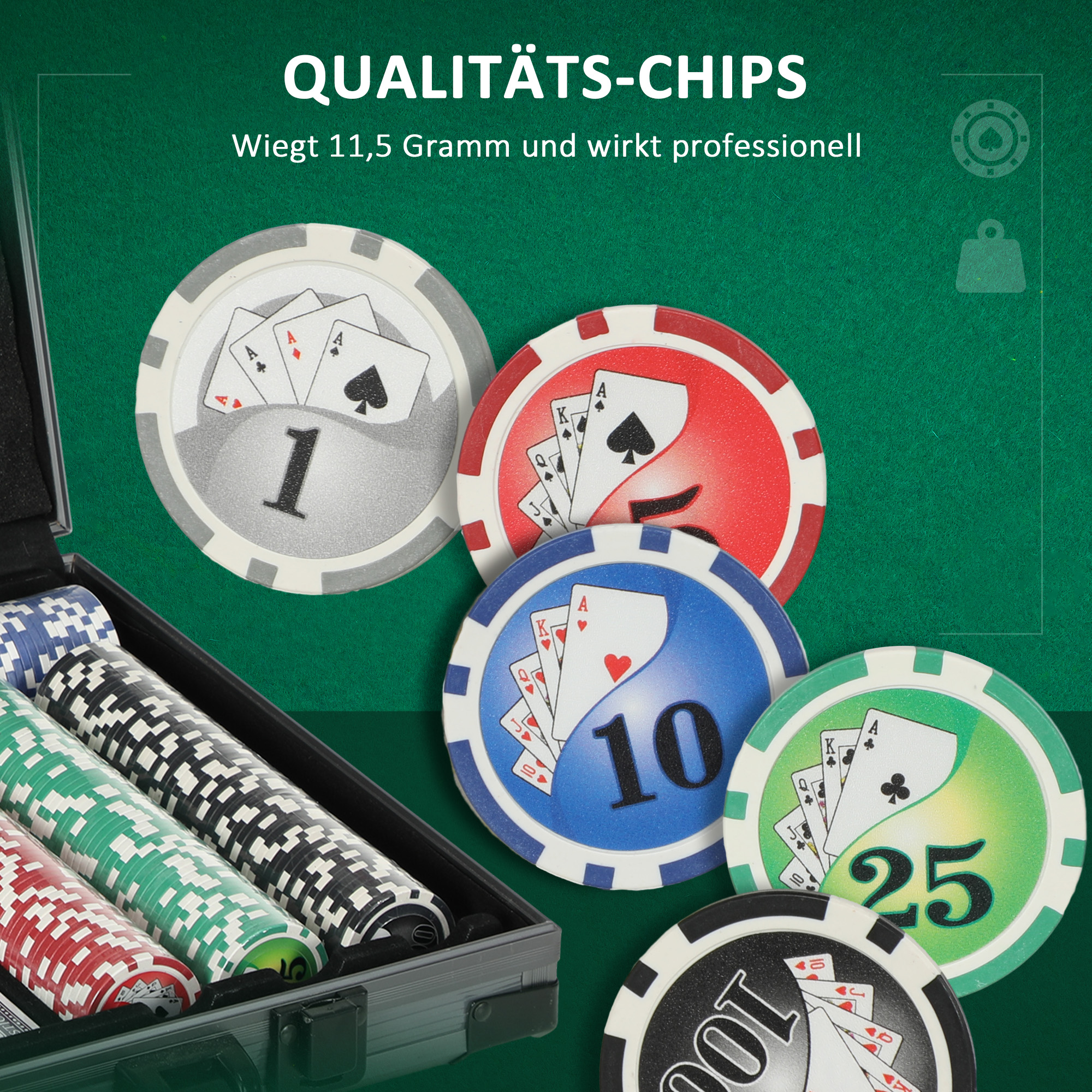 Poker-Set, Pokerkoffer, 400 Chips, 2 Kartendecks, 5 Würfel, Dealer-Scheibe, Unterlage