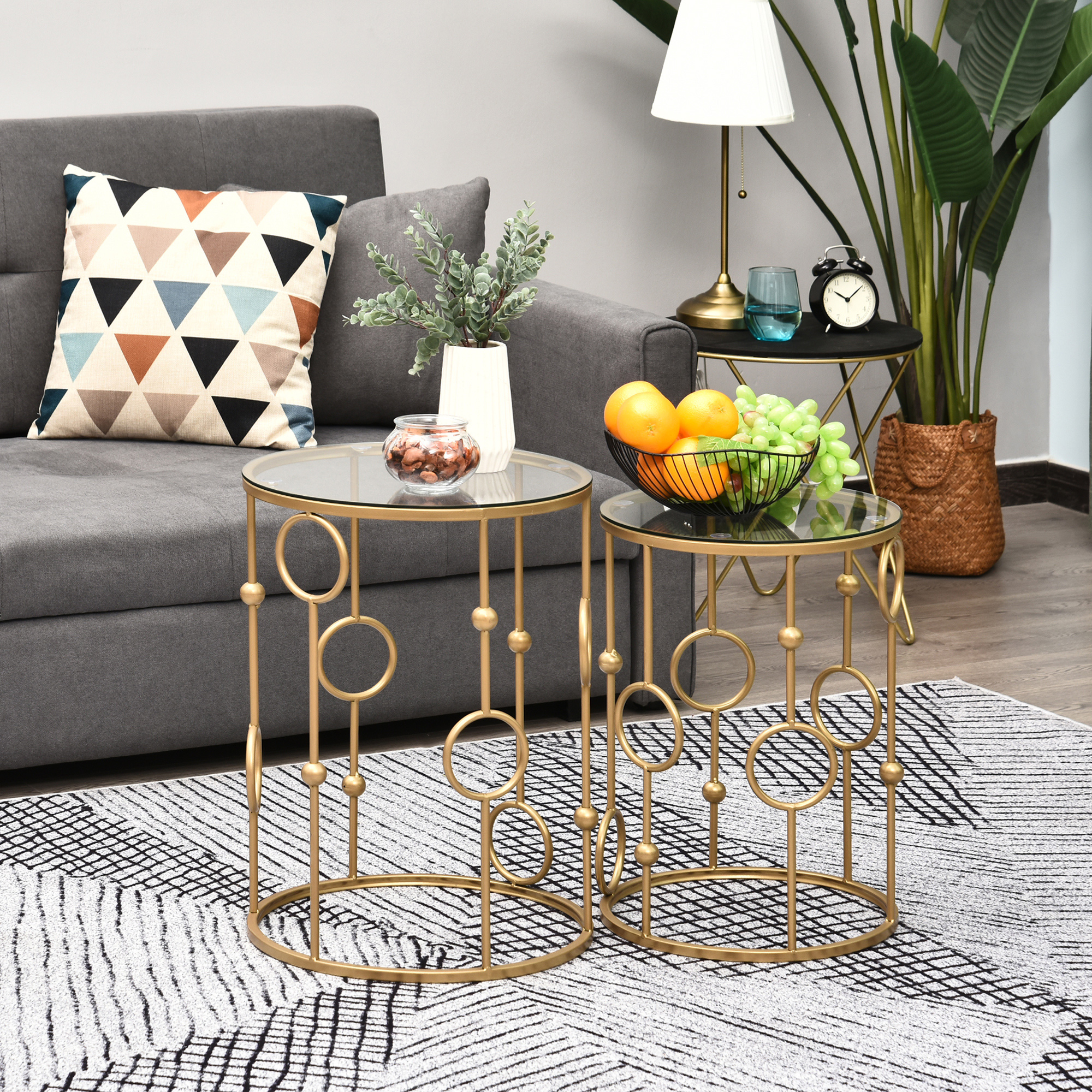 2er-Set Couchtisch, Beistelltisch mit Glasplatte, Wohnzimmertisch mit Reifen- und Kugeldesign Ø41 x 57 cm, Gold