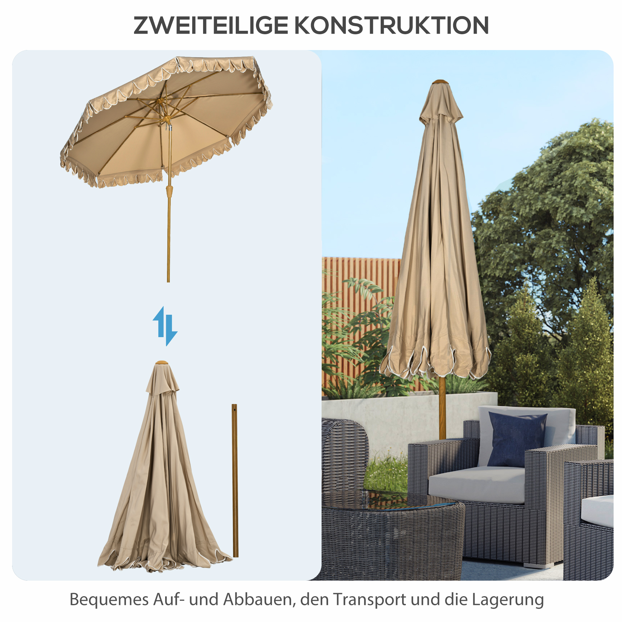 Sonnenschirm, mit Fransen, neigbar, mit Handkurbel, Stahl+Polyester, khaki, Ø264 x 240 cm