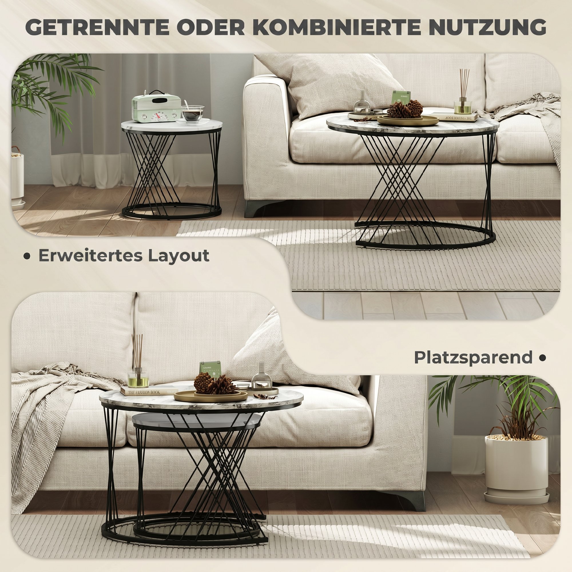 Couchtische im 2er-Set, Marmoroptik, Spanplatte, Metall, runde Kaffeetische für Wohnzimmer, ineinanderstellbar Grau+Weiß