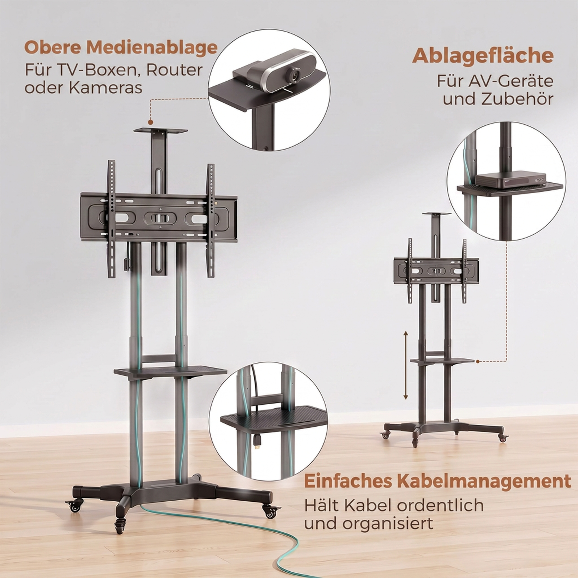 TV Ständer Rollbar für 32-75 Zoll Fernseher Höhenverstellbarer Fernsehständer mit 2 Ablagen, Metall, max. VESA 400x600mm