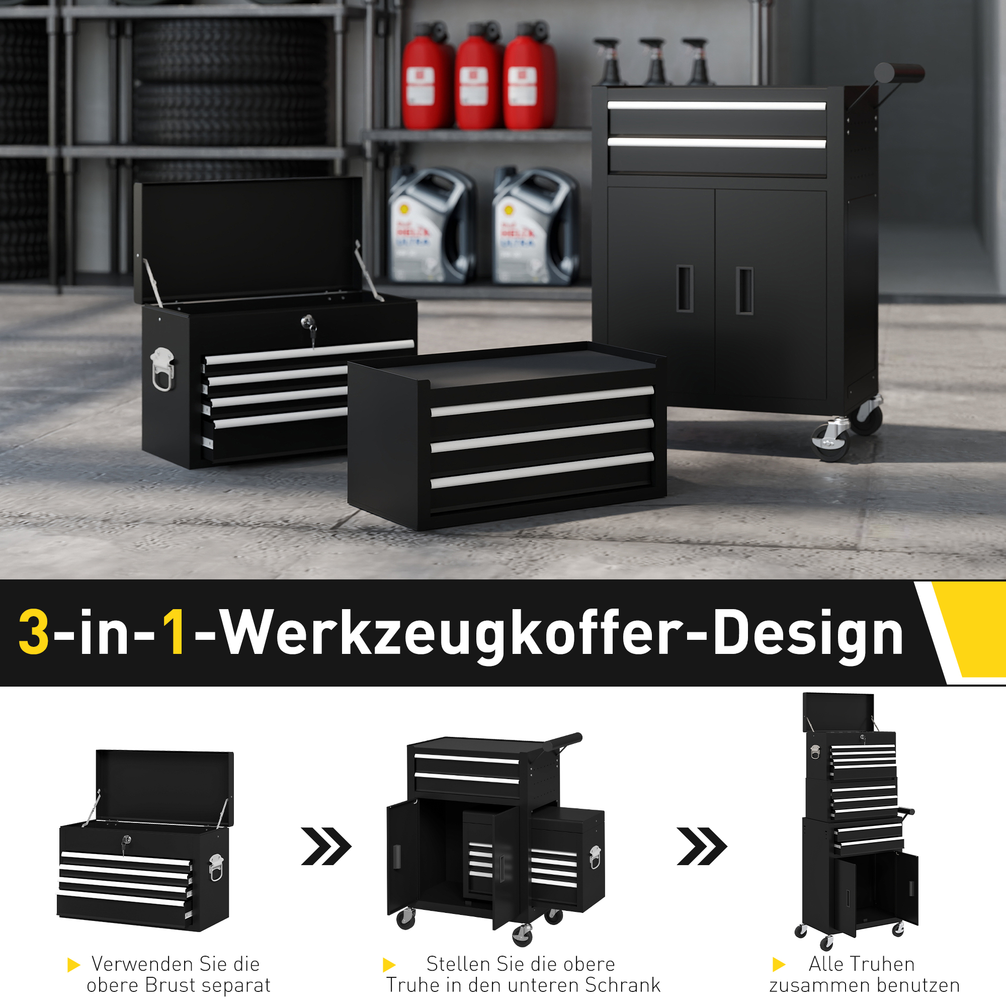 3-in-1 Werkzeugkiste, Werkzeugschrank mit 4 Rädern, verschließbarer Werkzeugkasten mit 9 Schubladen, Stahl, Schwarz