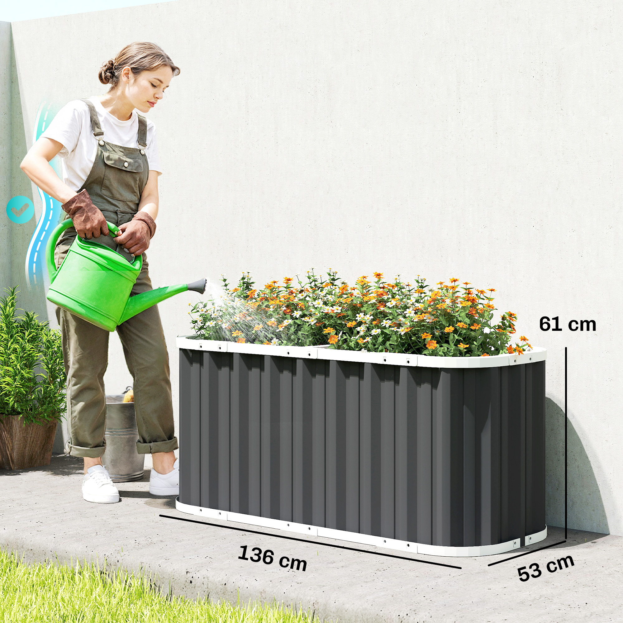Hochbeet Metall 136 x 53 x 61 cm Tief Gartenbeet mit Schutzkanten Pflanzenetiketten Handschuhe Offenem Boden