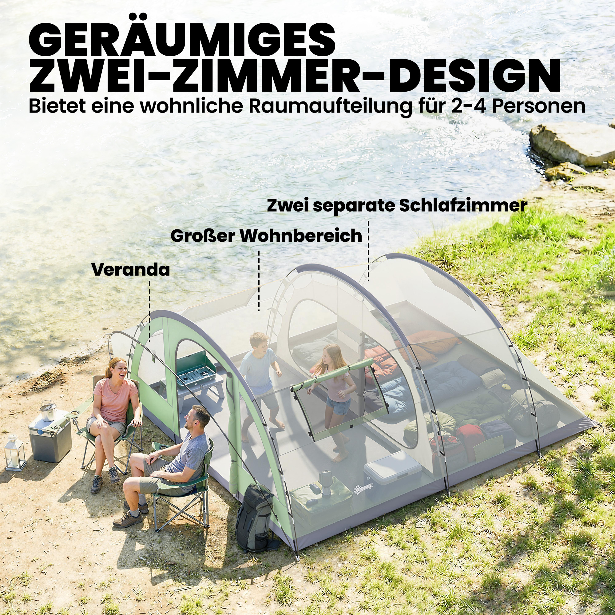 Tunnelzelt 4 Personen Familienzelt mit 2 Schlafkabine Vorzelt 4 Fenstern Bodenplane Stehhöhe 3000 mm Wassersäule