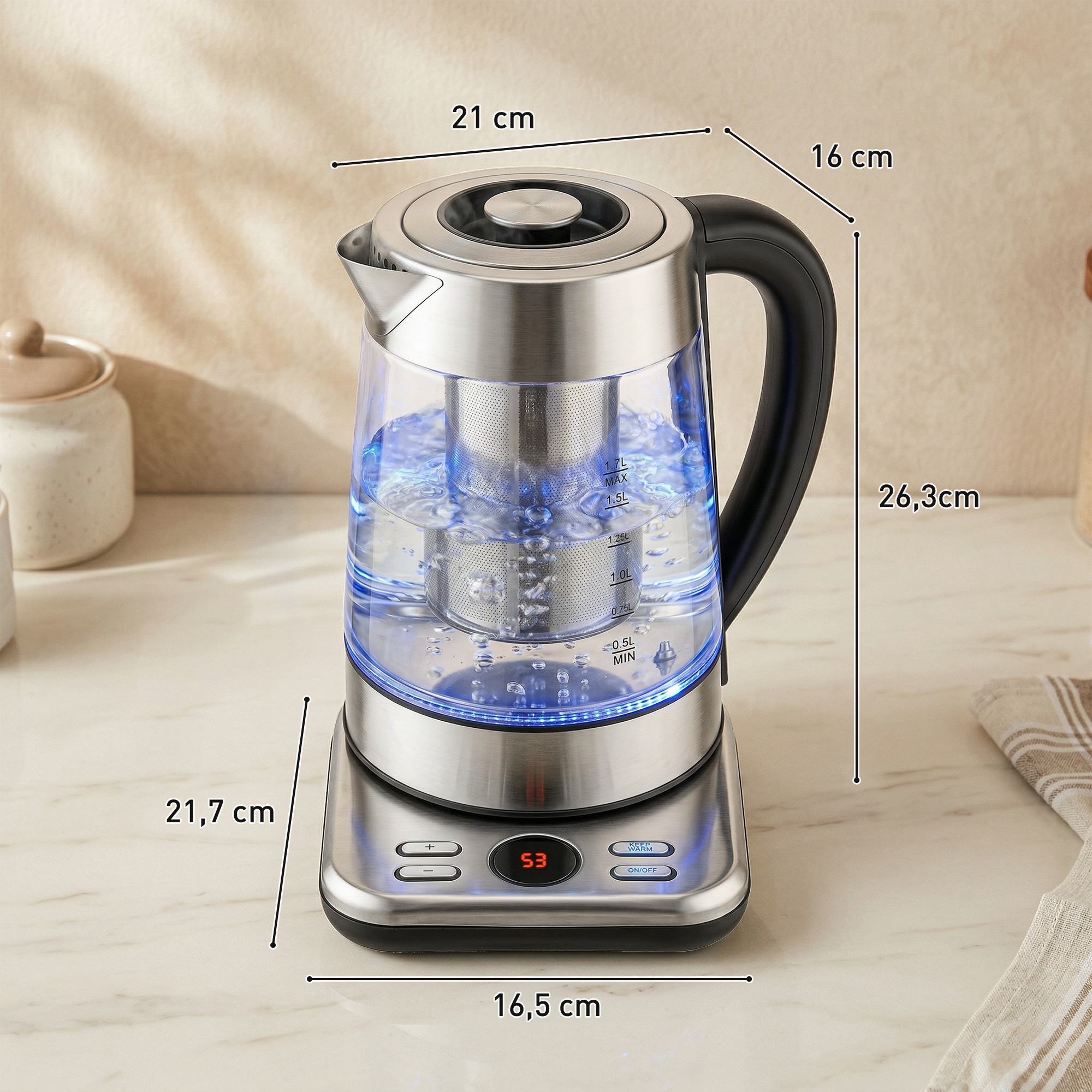 Wasserkocher, 1,7L Schnellkochender 2200W Wasserkocher mit UK Strix Thermostat, Teesieb, Warmhaltefunktion
