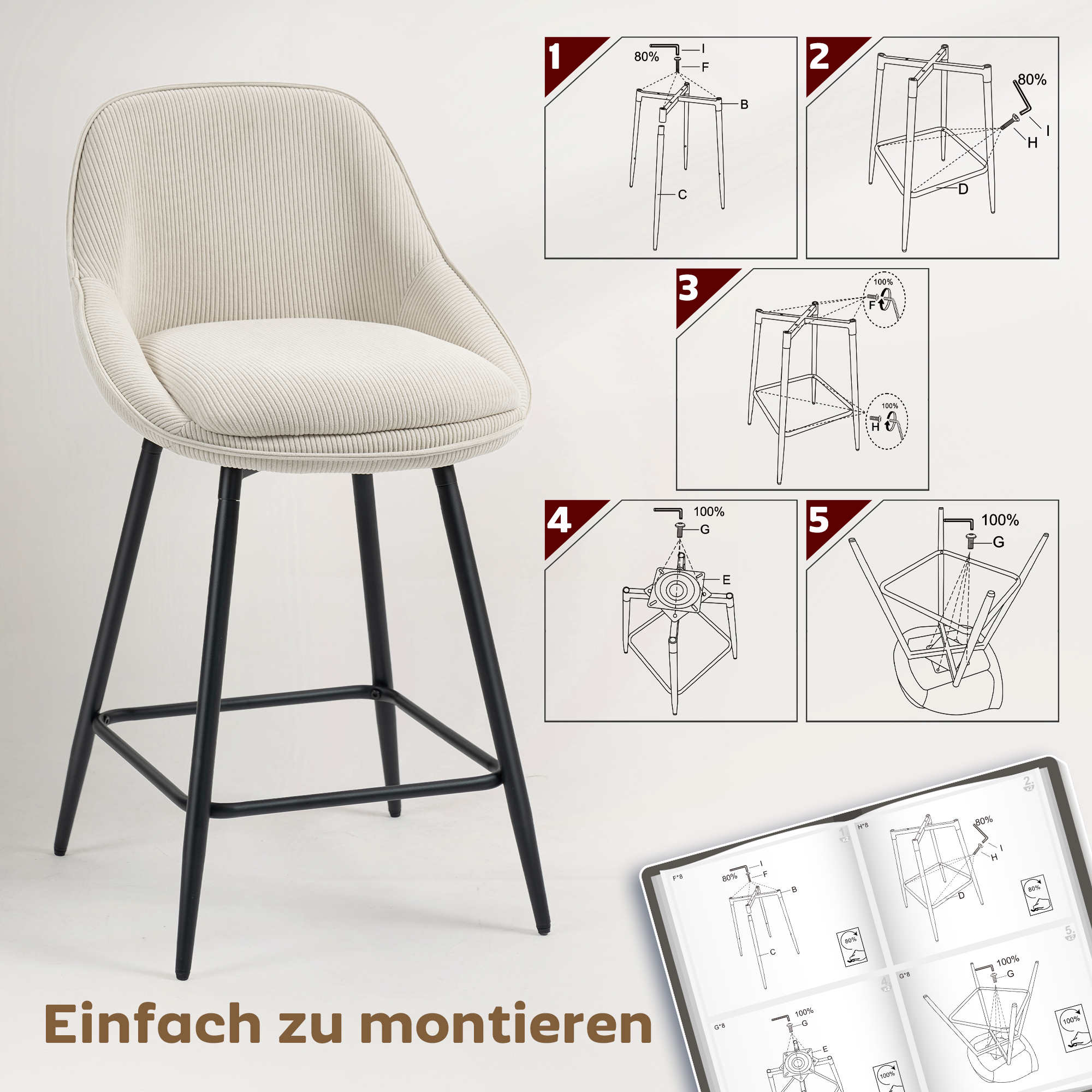2er-Set Barstühle mit Cordbezug und Stahlbeinen, Polsterstühle für Kücheninsel, Esszimmer, Creme