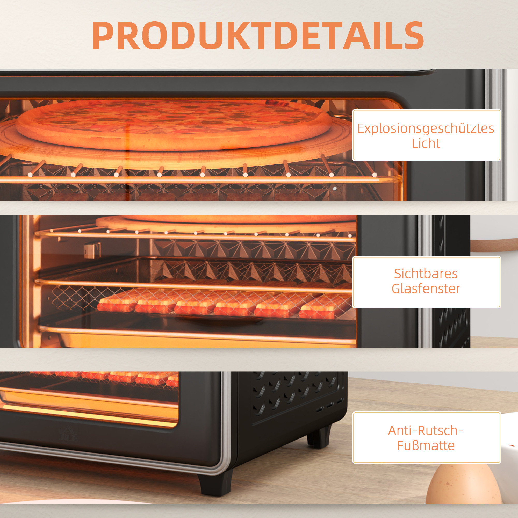 Minibackofen, 20L, 5 Funktionen, 360° Heißluft, Grillrost, Krümelblech, Schwarz