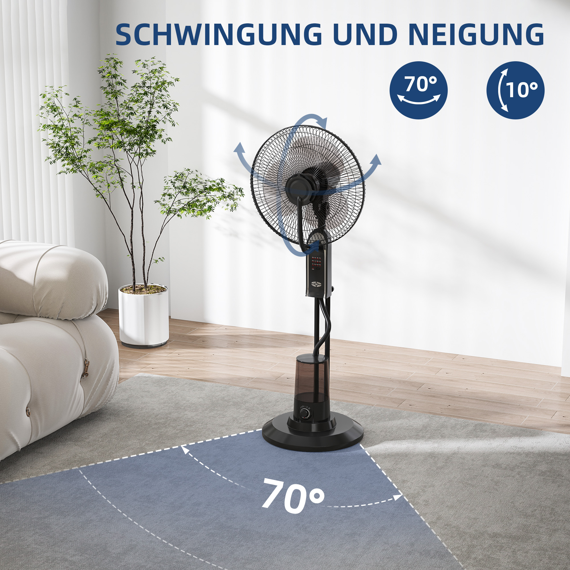 Ventilator mit Wasserkühlung, Luftbefeuchter, 10° Neigbar 70° Oszillierend 3 Geschwindigkeitsstufen 75W, Schwarz