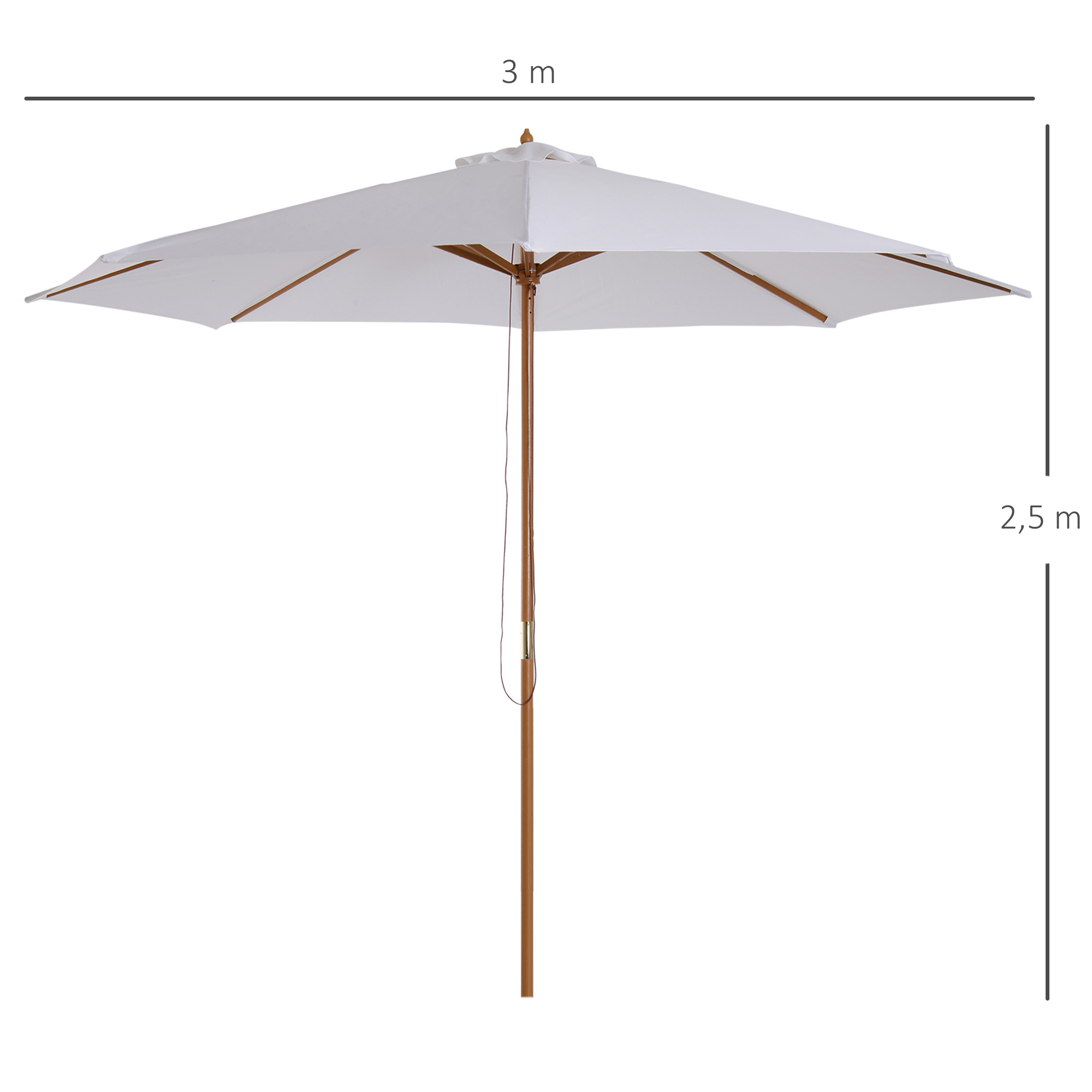Sonnenschirm Ø 300 cm, Sonnenschirm mit UV Schutz Balkonschirm aus Holz Strandschirm stabil Marktschirm Sonnenschutz für Strand Terrasse Garten, Weiß