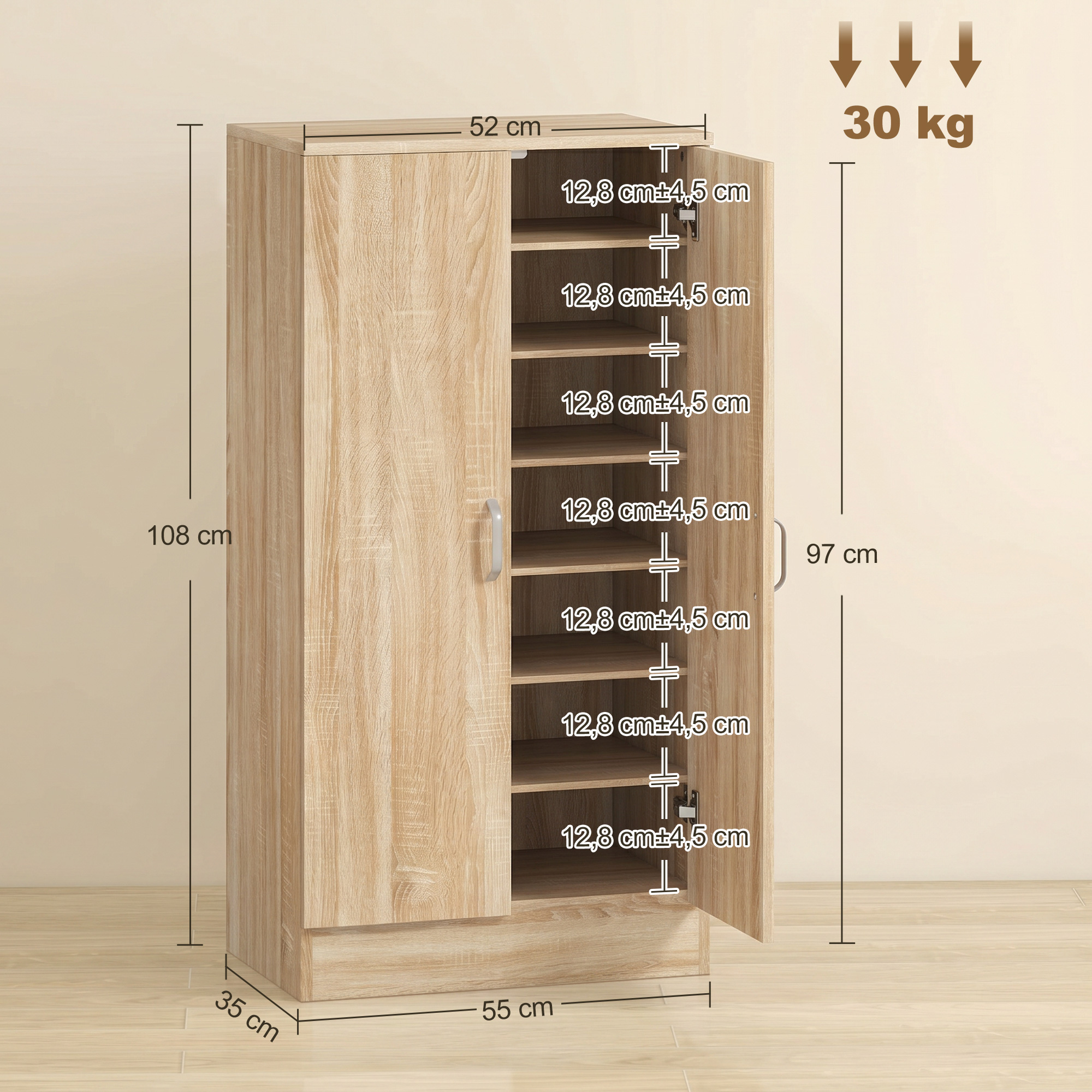 Schuhschrank mit 2 Türen, 6 verstellbare Regalböden, Soft-Close-Scharniere für 14 Paar Schuhe, Naturholz
