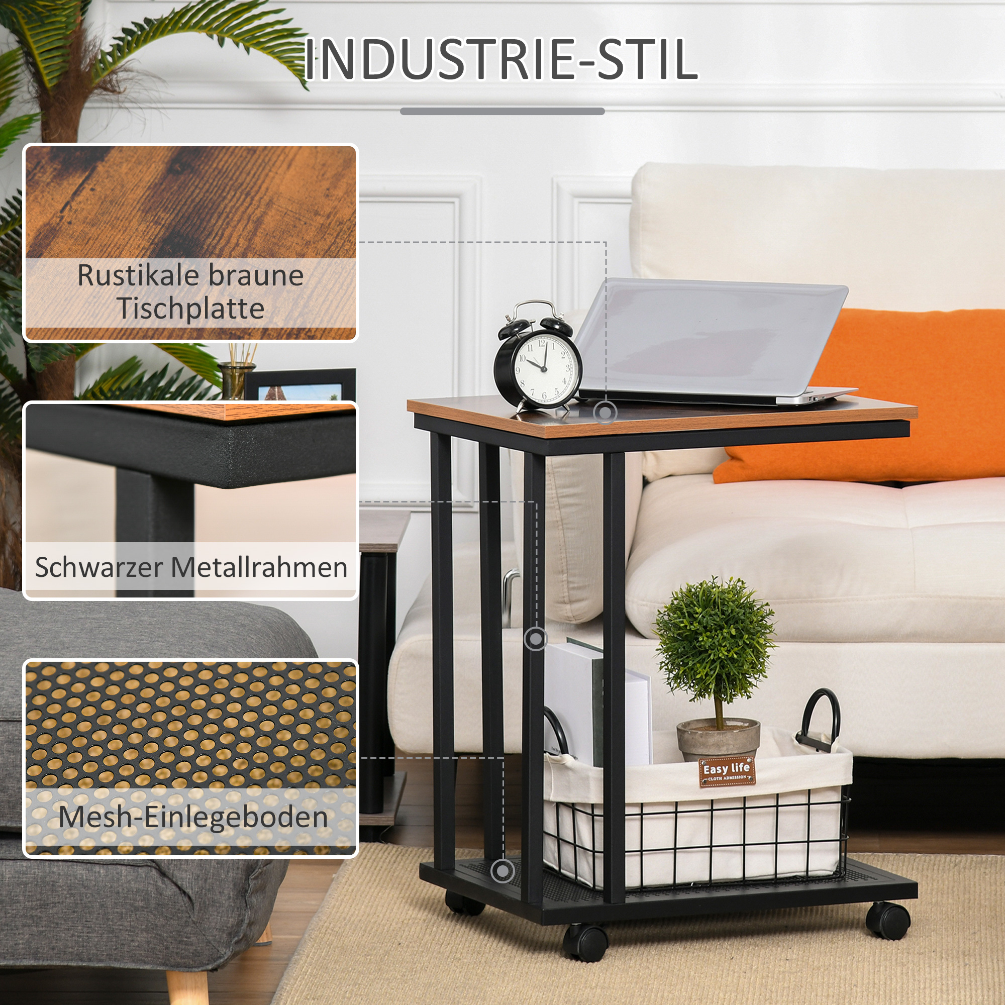 Beistelltisch C-Form Rollwagen Servierwagen Laptoptisch Sofatisch Beistelltisch Nachttisch Betttisch mit Metallgestell Industrie-Design Nachttisch Schwarz + Walnuss gemasert 51 x 36 x 65 cm