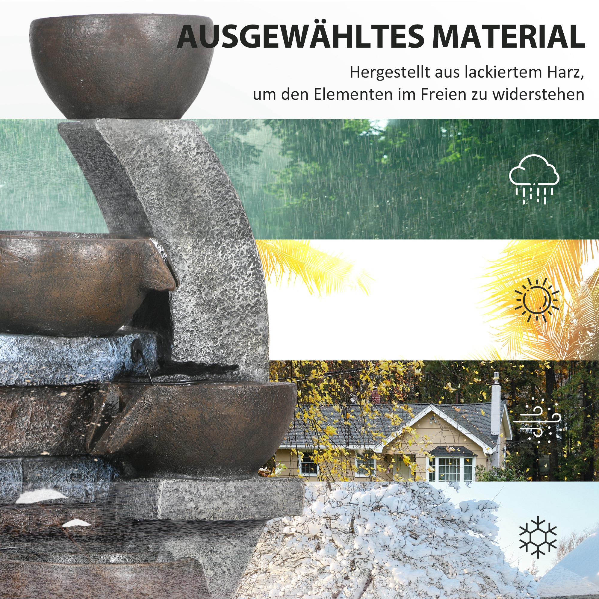 Gartenbrunnen, Backsteinoptik, 5-stufig, Solarbetrieb, LEDs, 107cm, Kunstharz, Grau/Braun