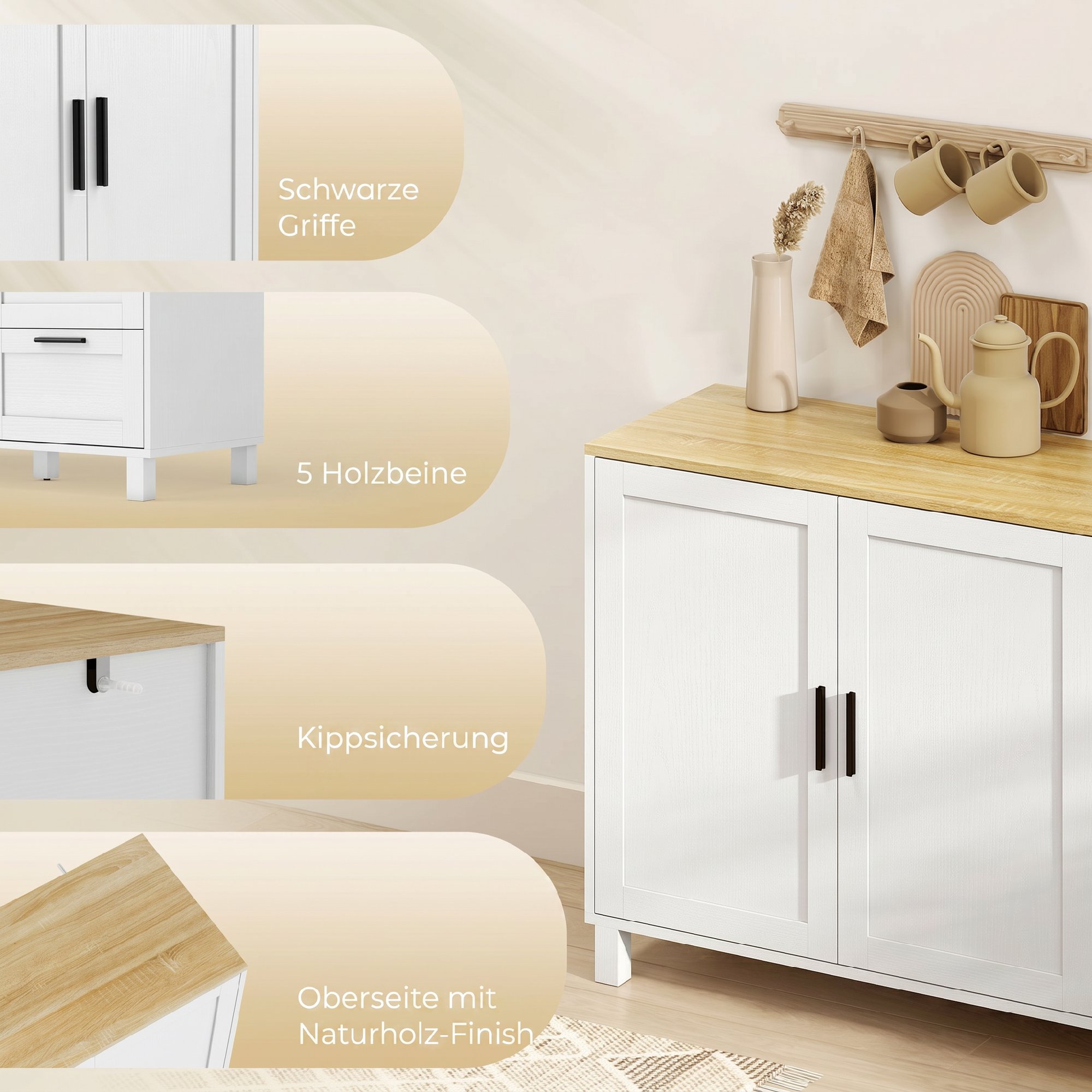 modernes Sideboard mit Soft-Close-Türen, Kaffeebar-Schrank mit 3 Schubladen und verstellbarem Einlegeboden, Weiß